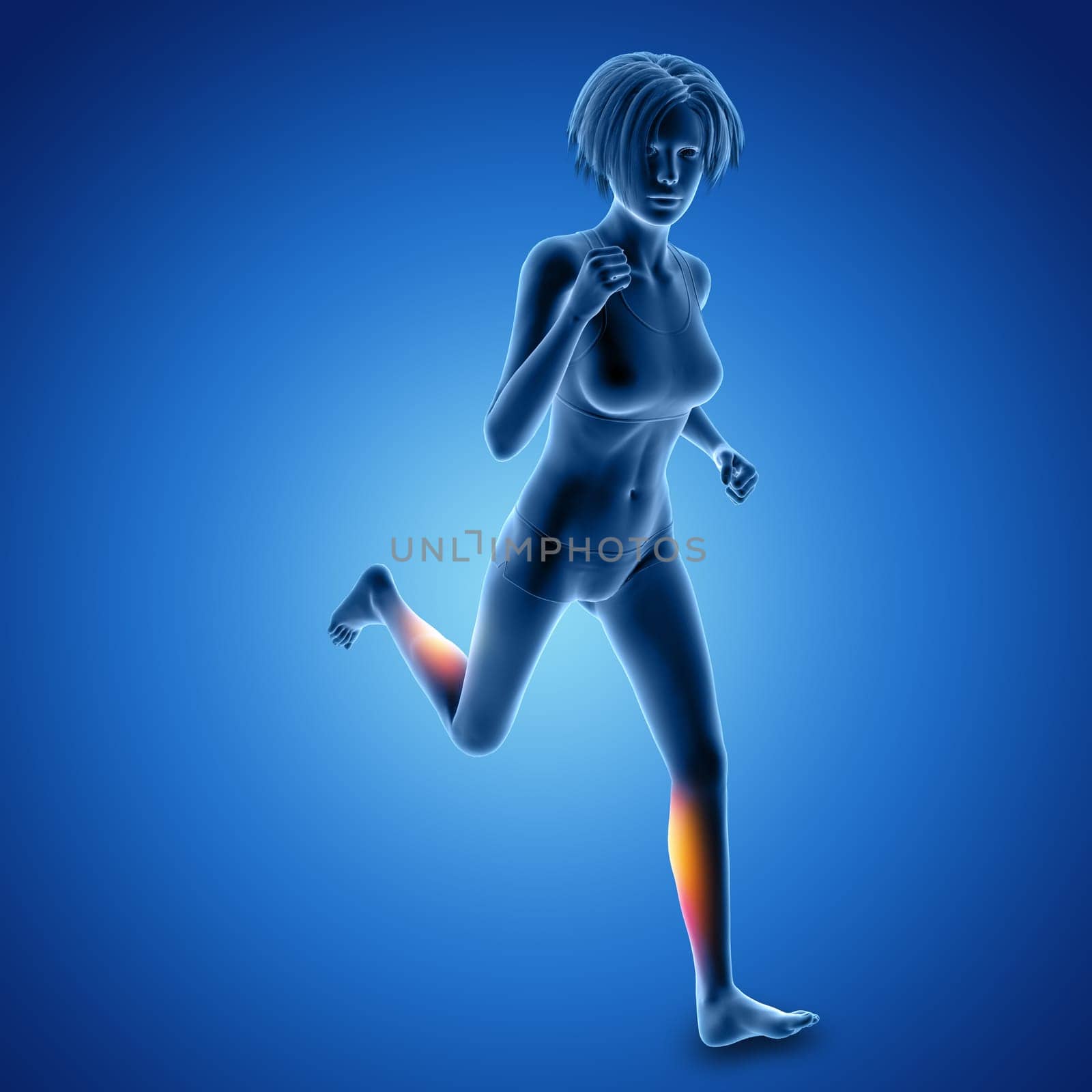 3D render of a female figure in sprinting pose with muscles used highlighted