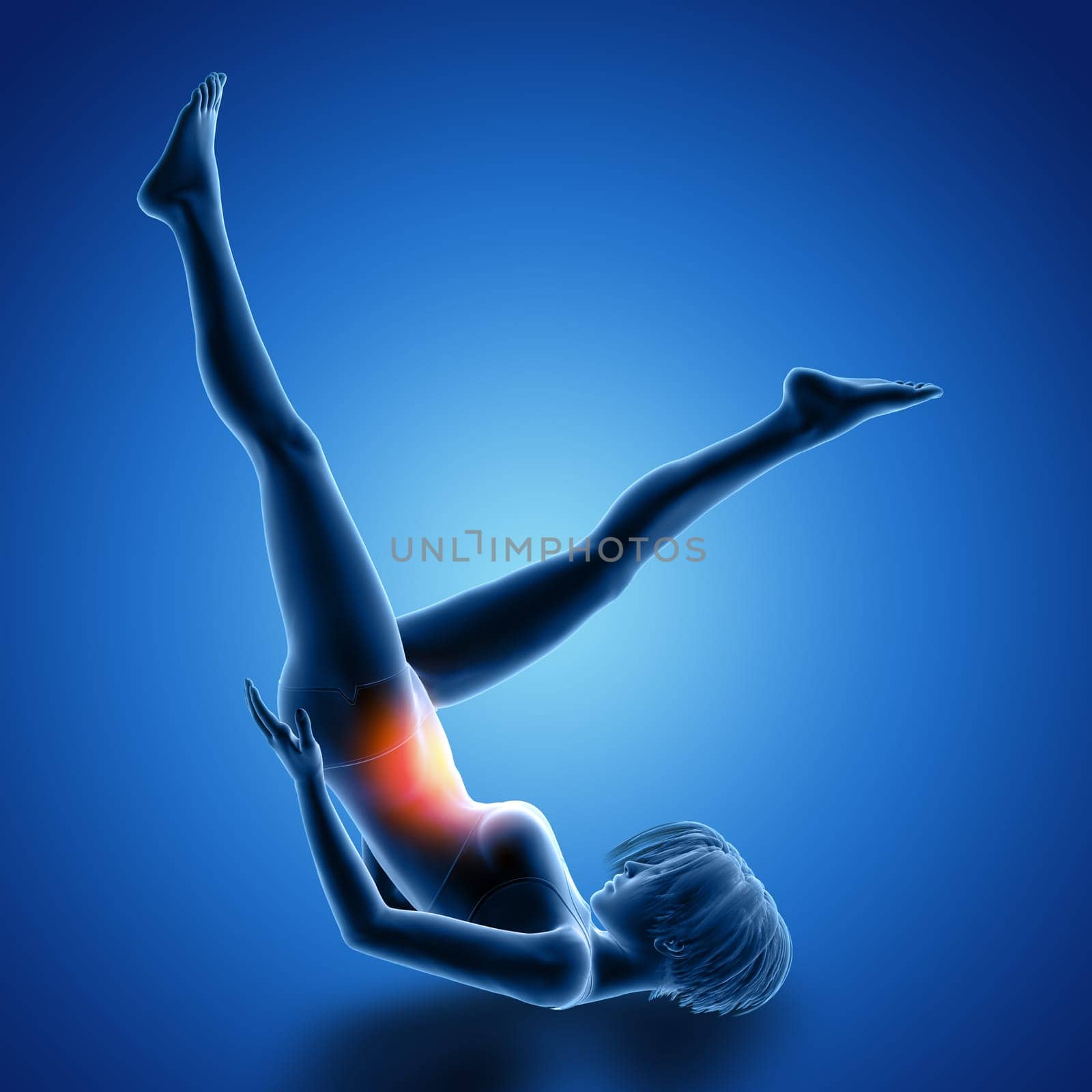 3D render of a female figure on back doing leg exercises with muscles used highlighted