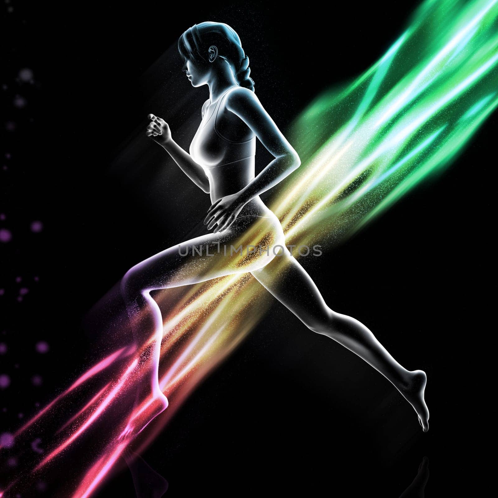3D render of a female figure running with colourful light waves