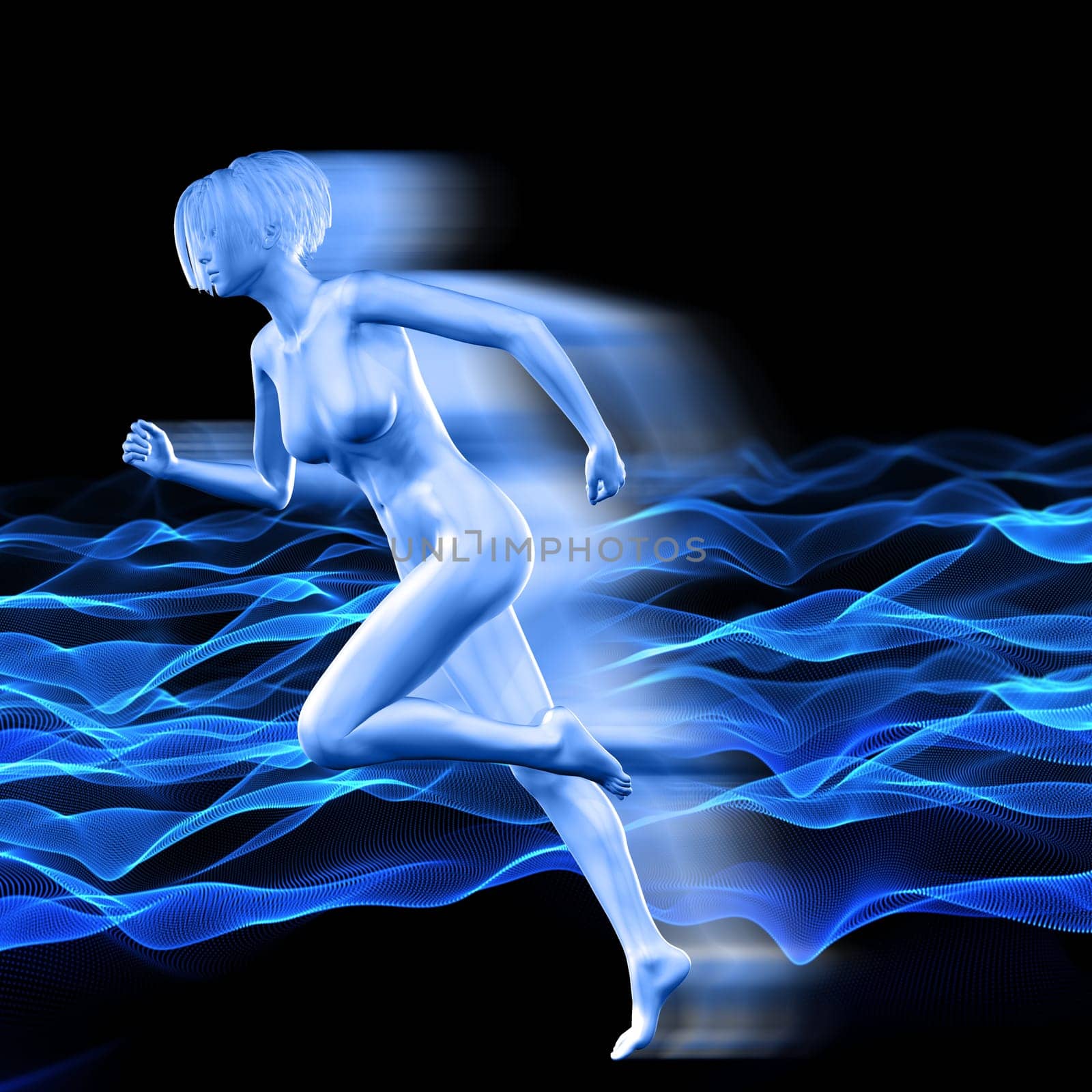 3D render of a female figure with speed effect on background of flowing dots