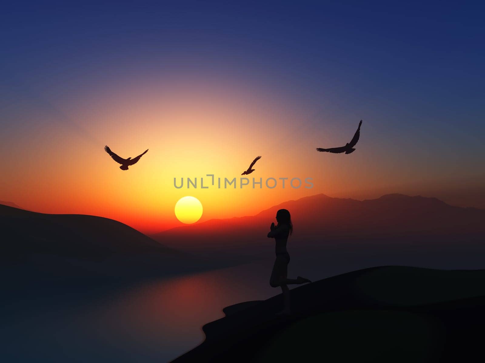 3D render of a female in yoga pose against a sunset landscape