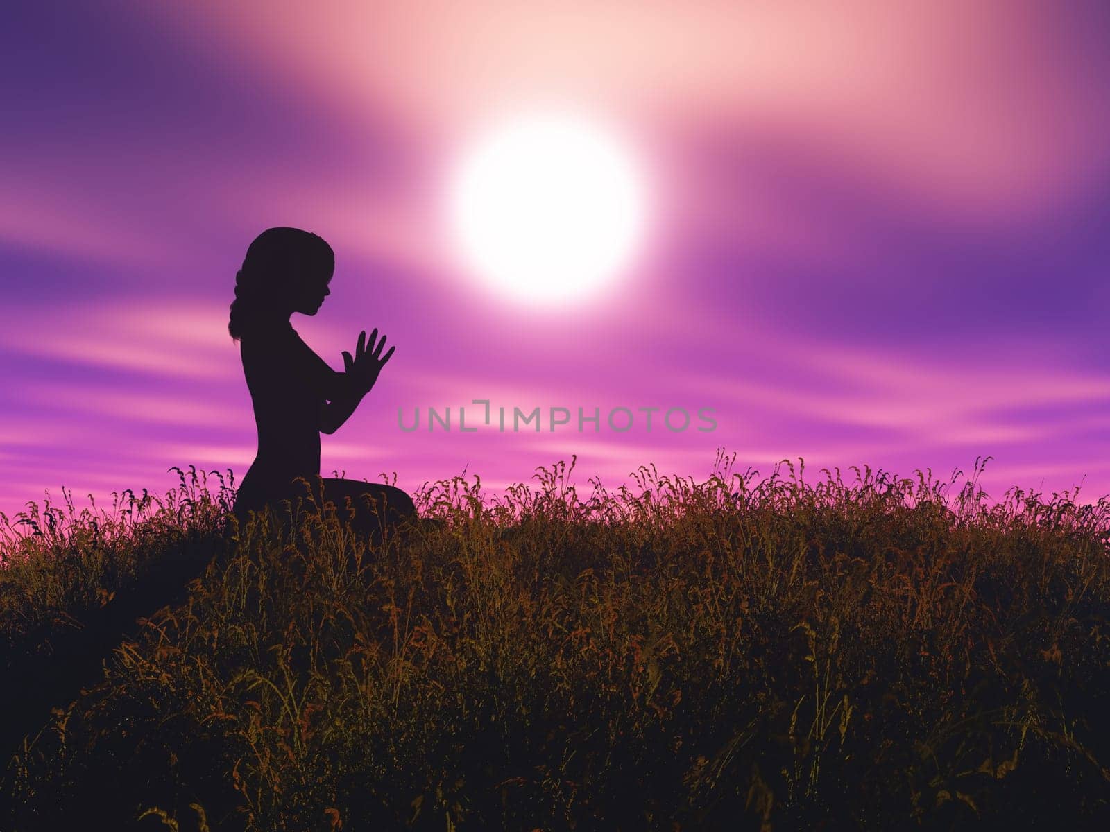 3D render of a female in yoga pose against sunset landscape