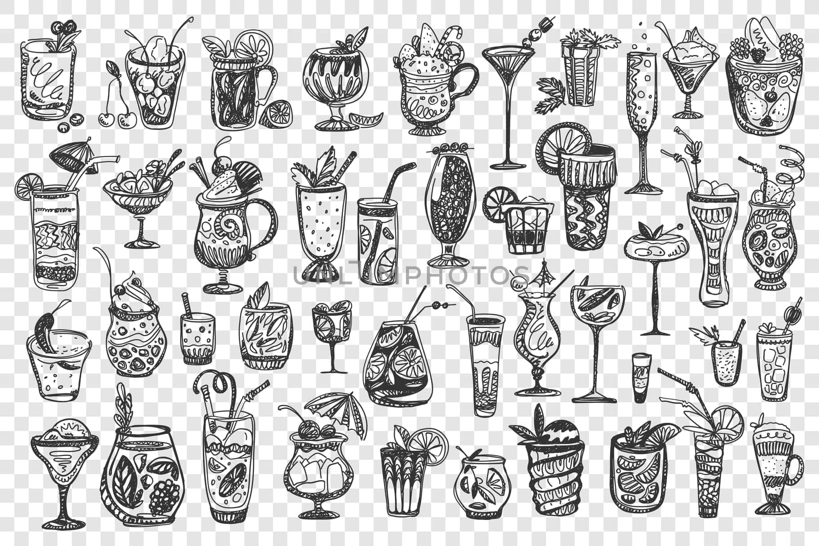 Cocktails doodle set. Collection of different alcoholic summer tropical beverages beer vodka wine isolated on transparent background. Bad habit alcohol addiction illustration.