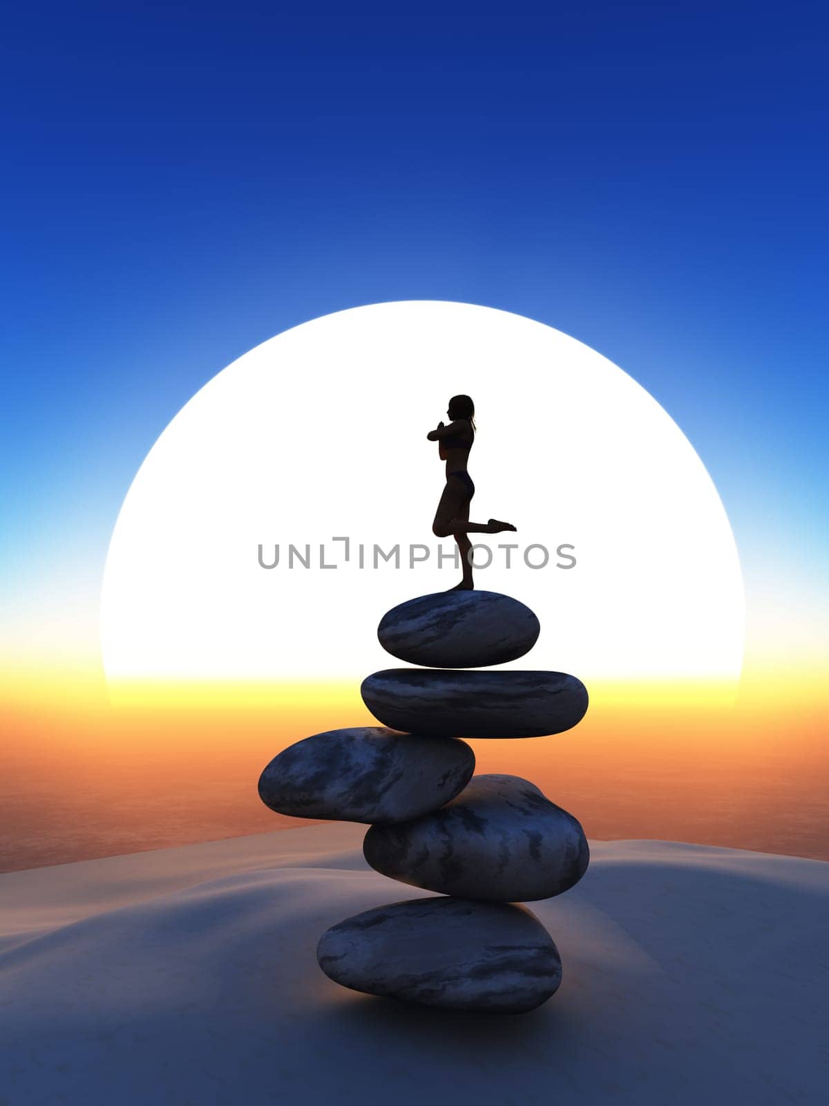 3D render of a female in yoga pose on balancing stones against sunset sky