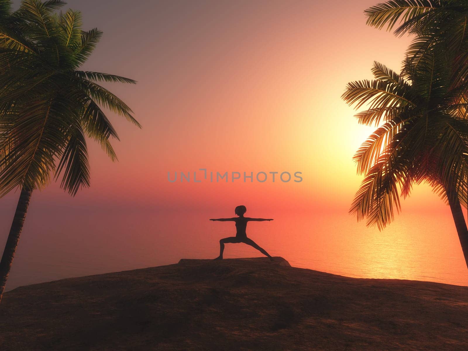 3D render of a female in yoga position against tropical sunset landscape