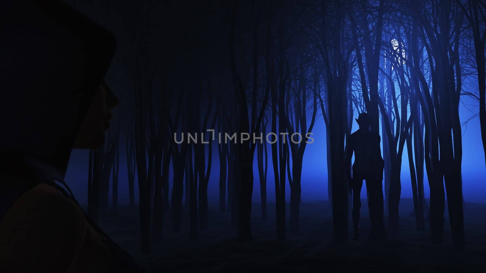 3D render of a female looking at creature hiding in foggy forest