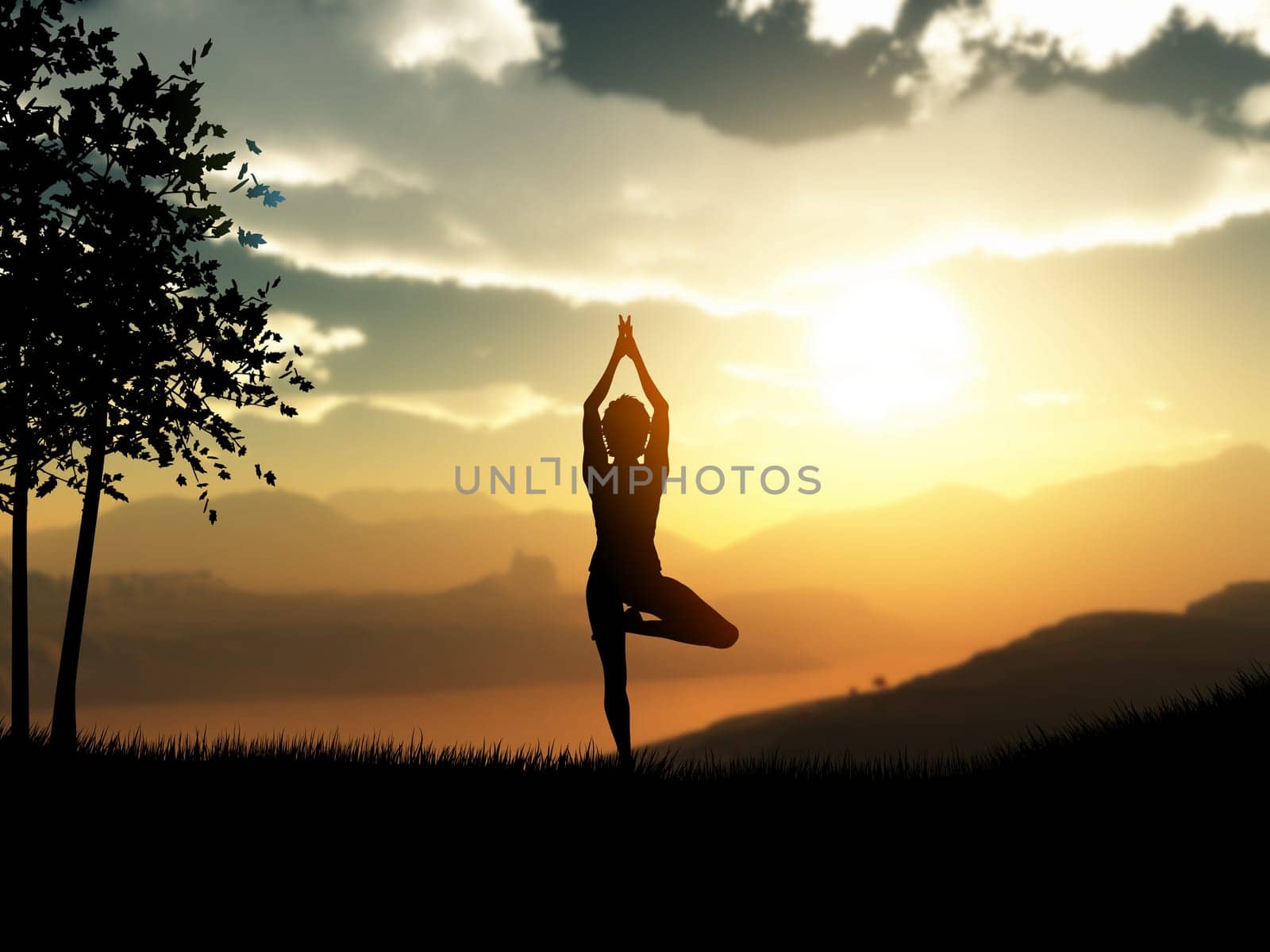 3D render of a female in yoga pose against a sunset landscape