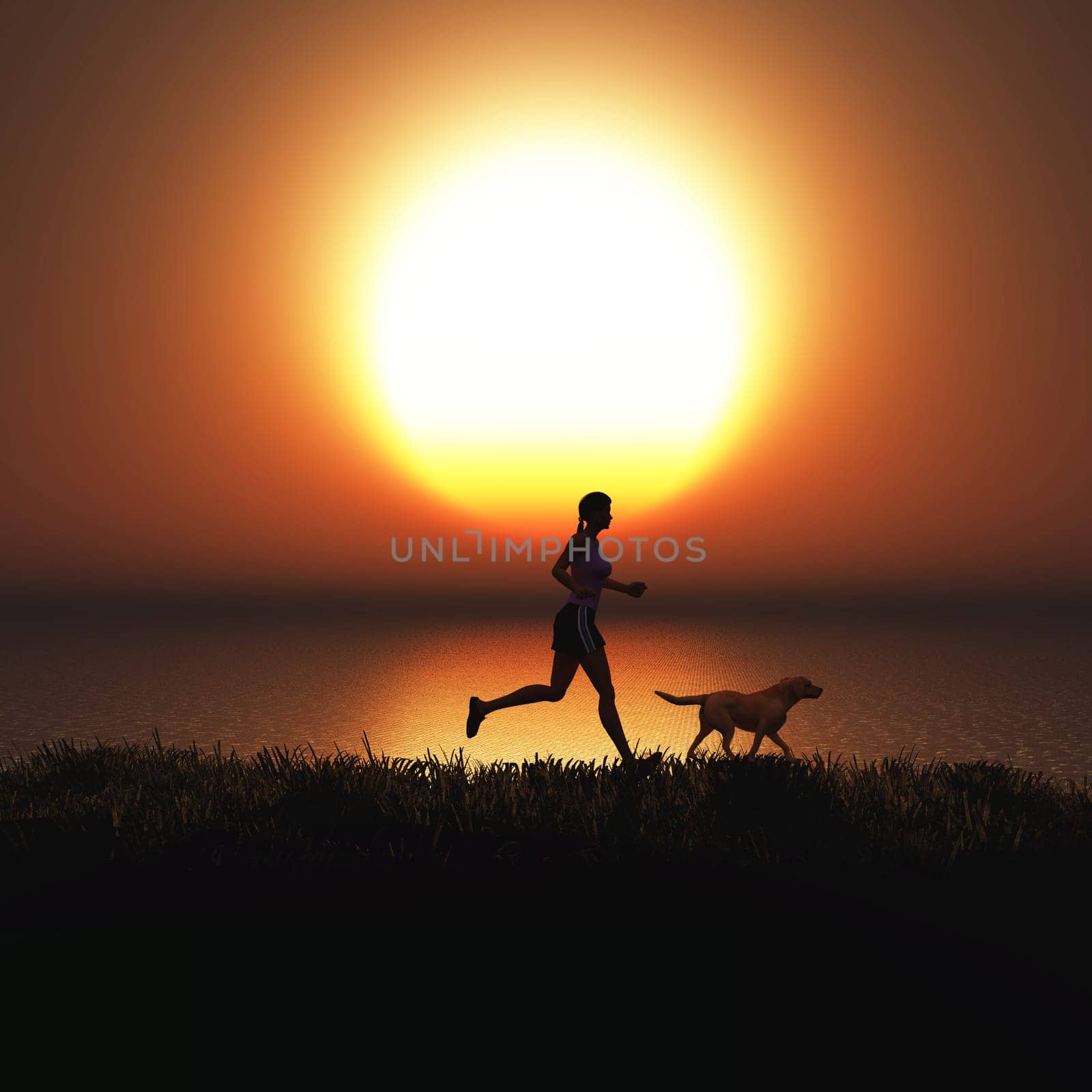 3D render of a female jogging with her dog against a sunset sky
