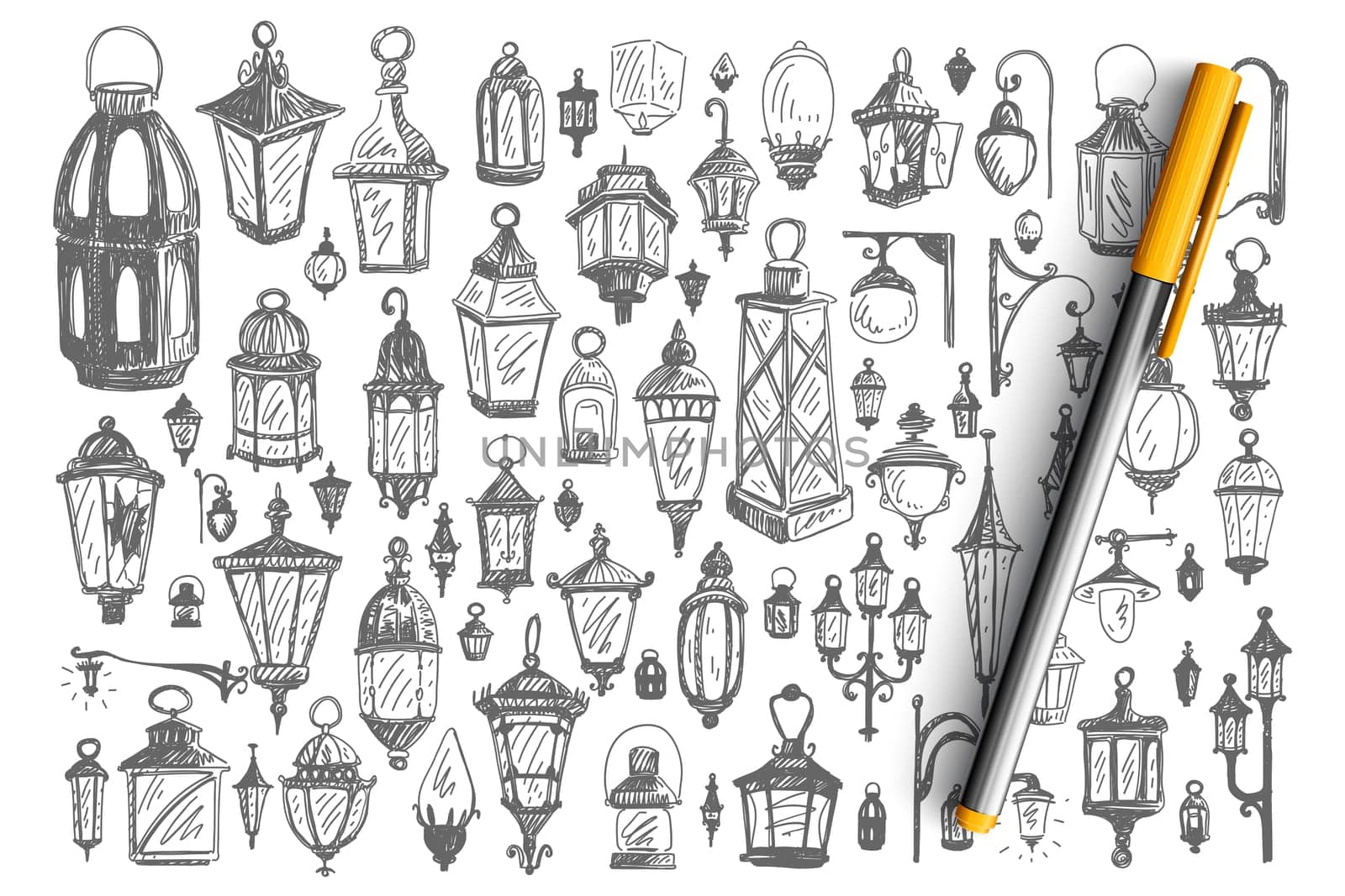 Street lamps doodle set. Collection of urban flashlights lighting tools decorative design elements with electric light bulbs isolated on white background. Various antique lanterns illustration.