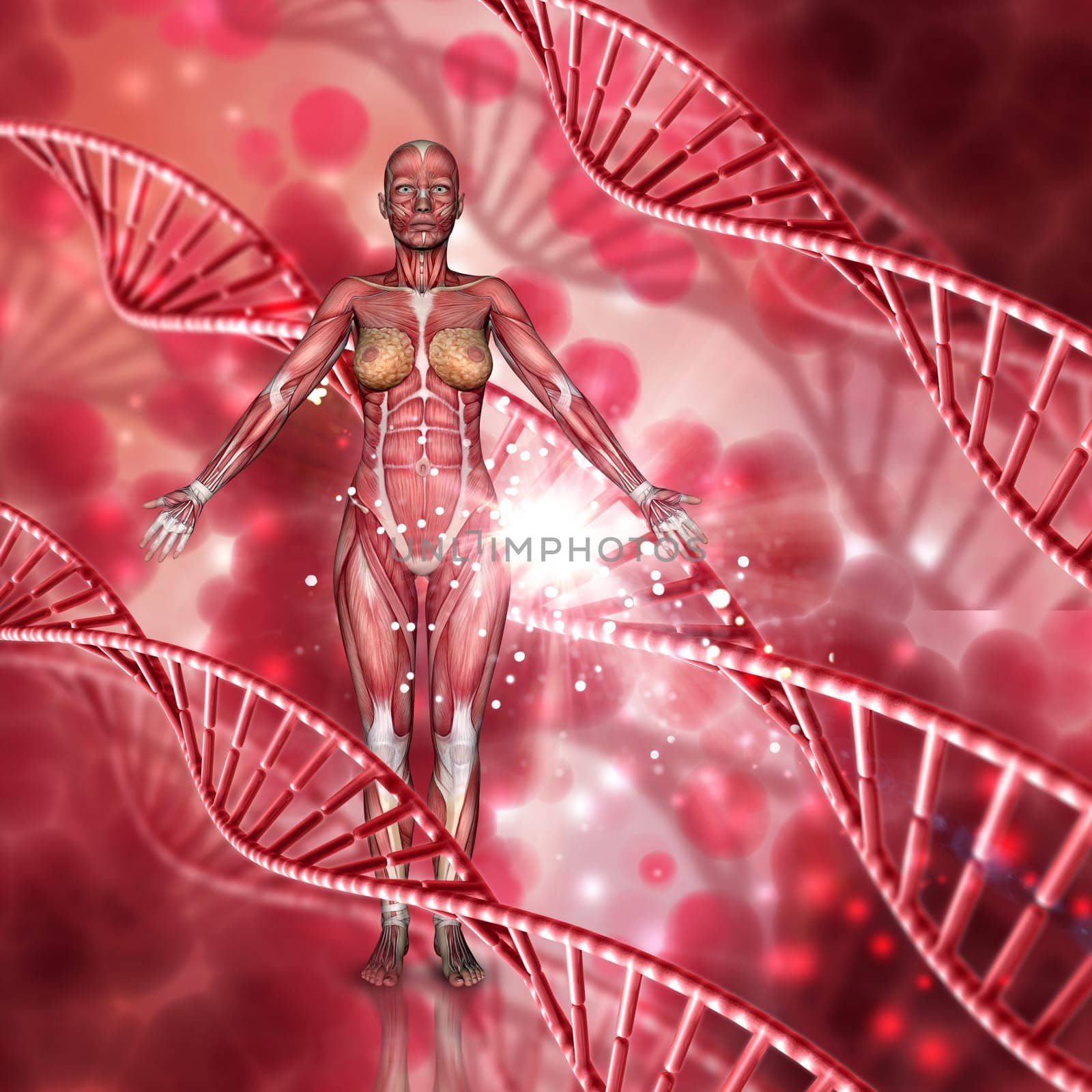 3D render of a female medical figure with muscle map on a DNA strands background