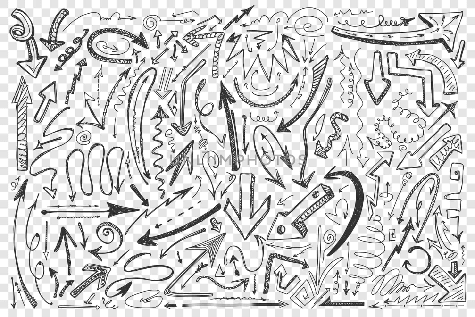 Arrows doodle set. Collection of different shape round twisted hand drawn arrowhead computer cursors pointers on transparent background. Navigation symbol vector abstract illustration.