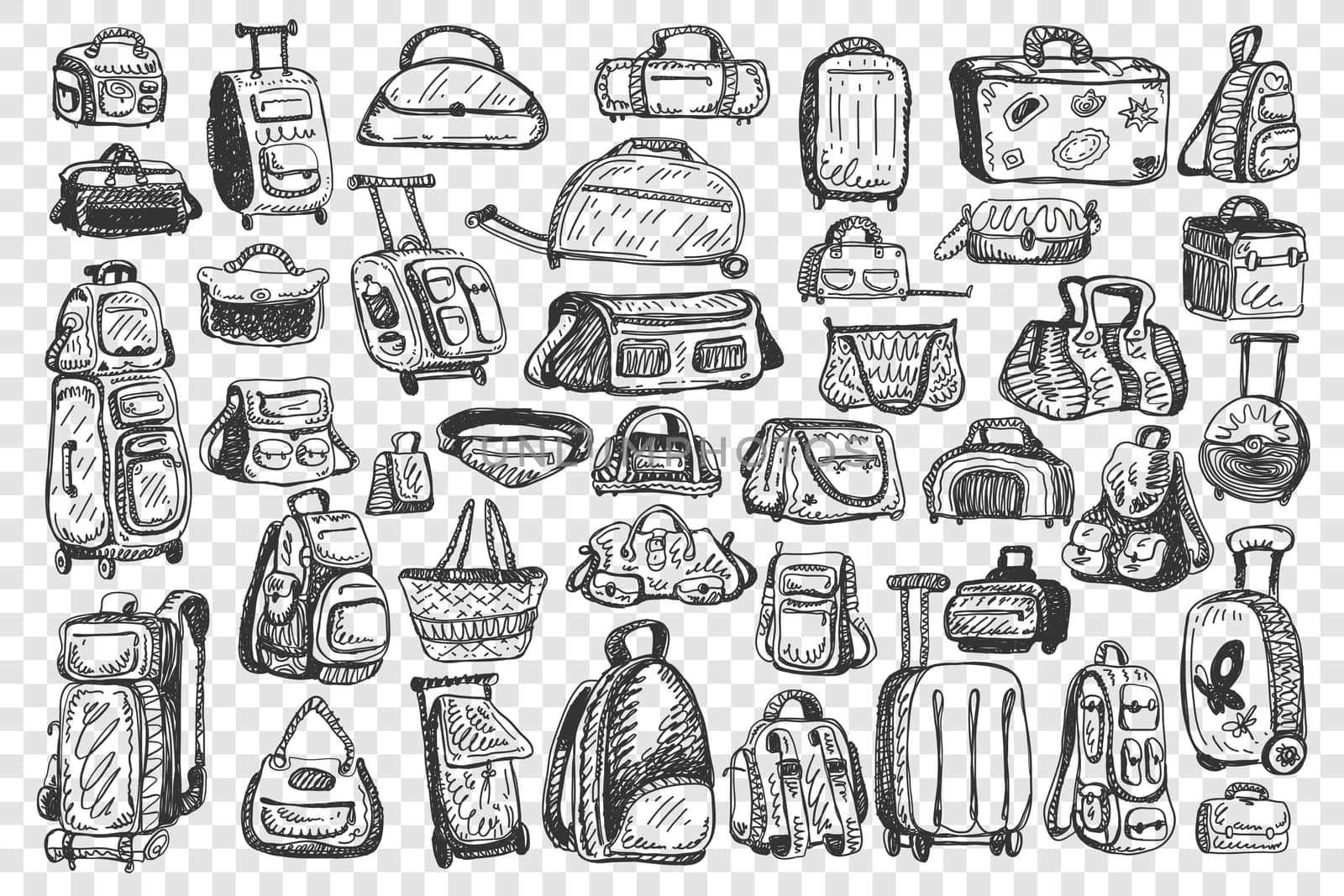 Bags doodle set. Collection of different handbags for travelling tourist baggage school backpacks isolated on transparent background. Travel suitcase luggage for trip journey illustration.