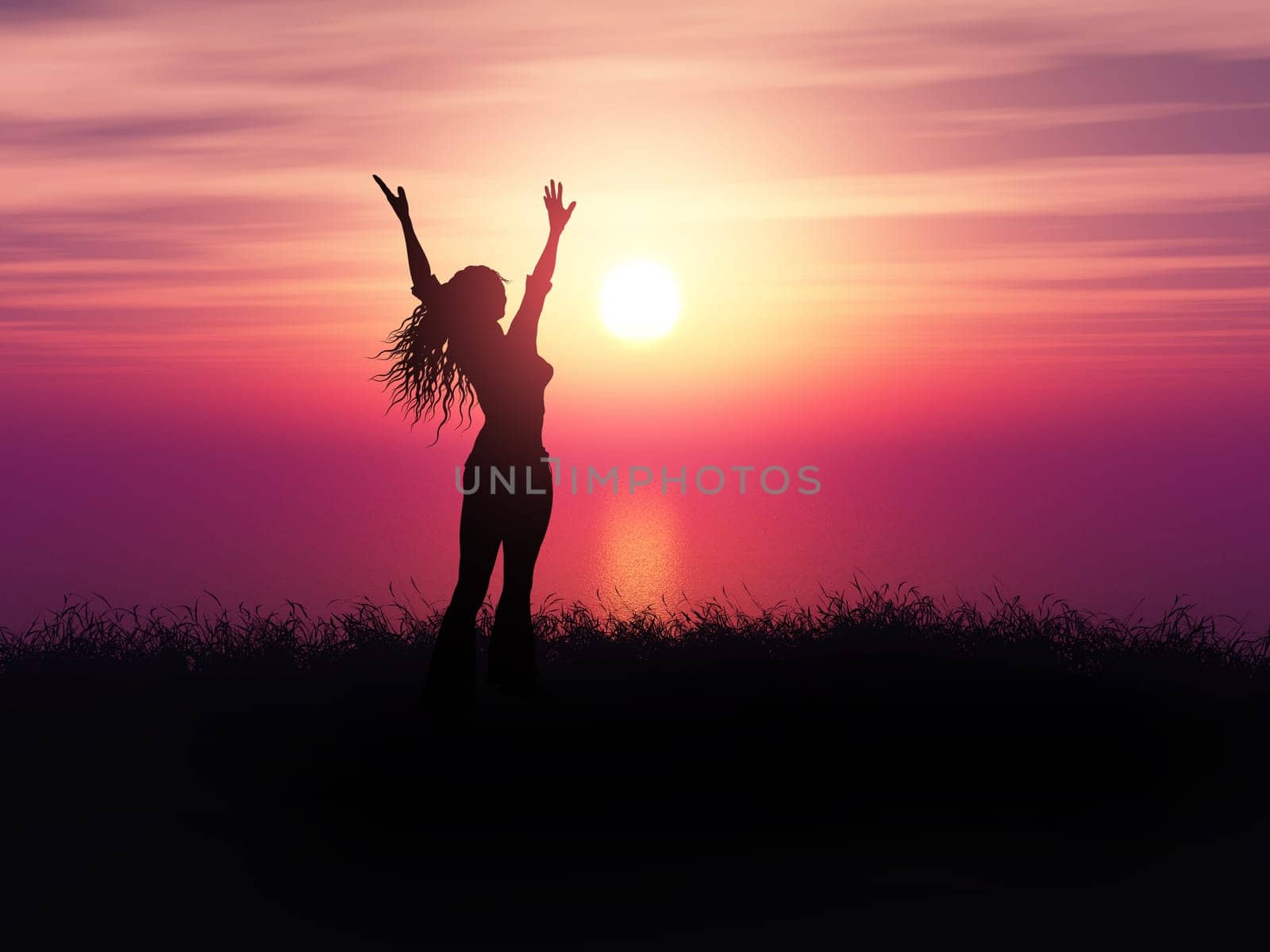 3D render of a female with arms raised in joy in a grassy sunset landscape