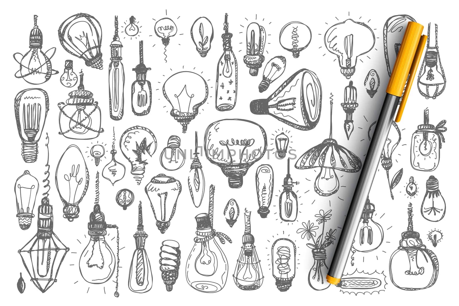 Light bulbs doodle set. Collection of fluorescent halogen miscellaneous lamps enlightment devices on white background. Illustration of idea and creative thinking symbols.