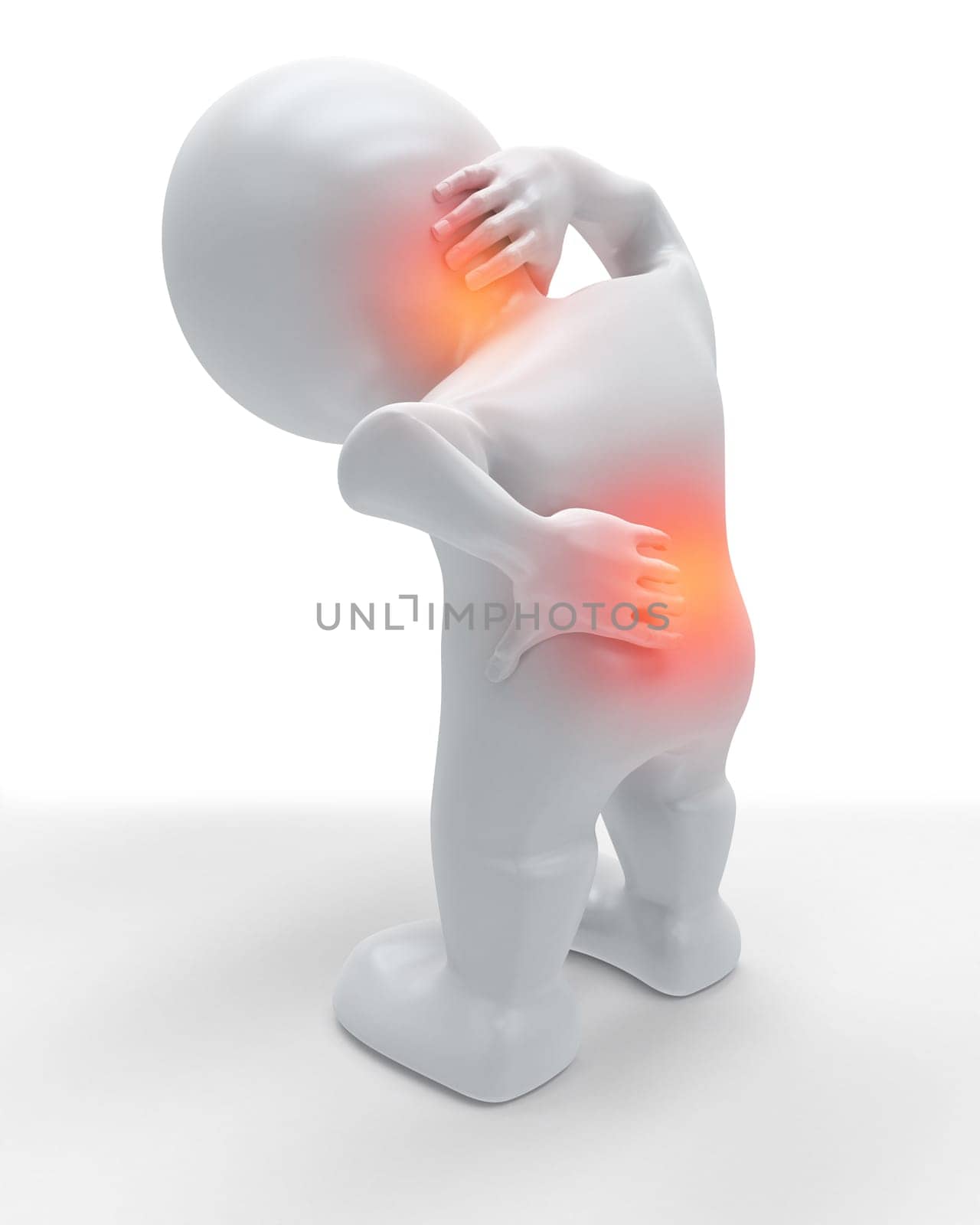3D render of a figure holding his back and neck in pain