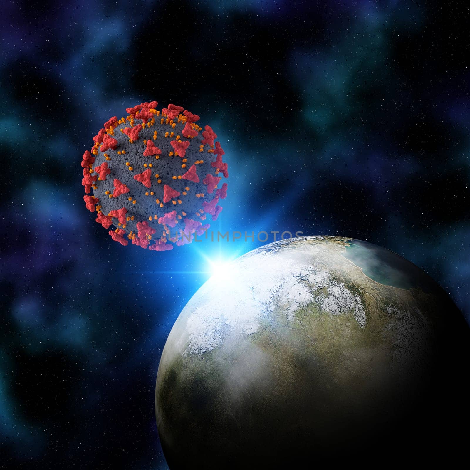 3D render of a fictional space background with the Earth and Coronal virus cell