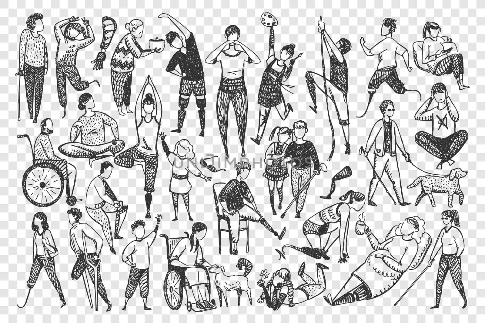 Disabled people doodle set. Collection of hand drawn handicapped men women athletes running walking medidtating isolated on transparent background. Healthcare and disability illustration.