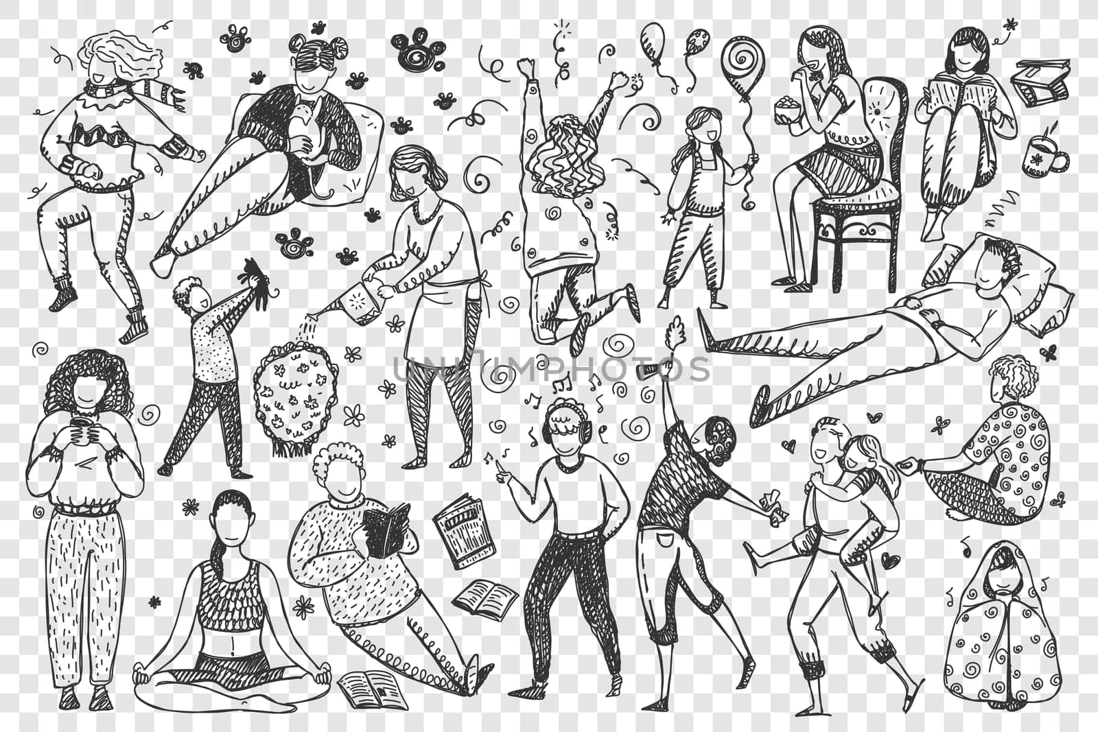 People doodle set. Collection of hand drawn men women characters celebrating reading drinking coffee listen music meditating dancing isolated on transparent background. Human leisure time illustration