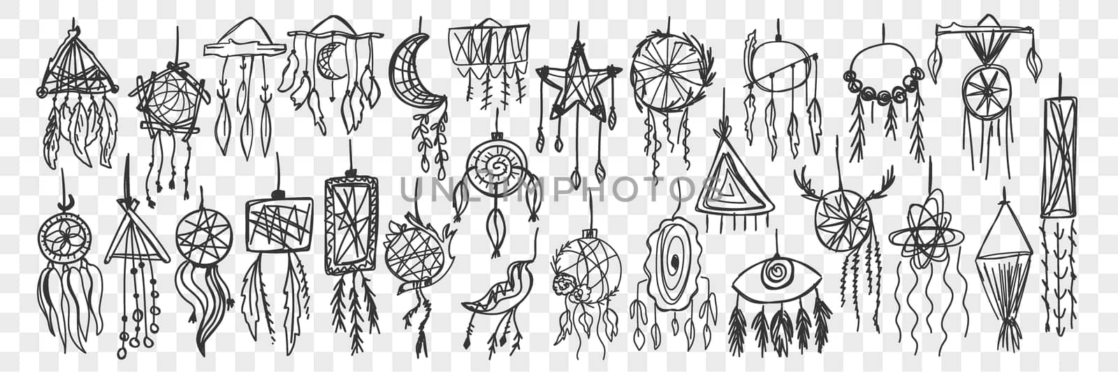 Dream catcher doodle set. Collection of hand drawn traditional indian tribal ethnic decoration for home interior and relaxation isolated on transparent background. Illustration of feather native art