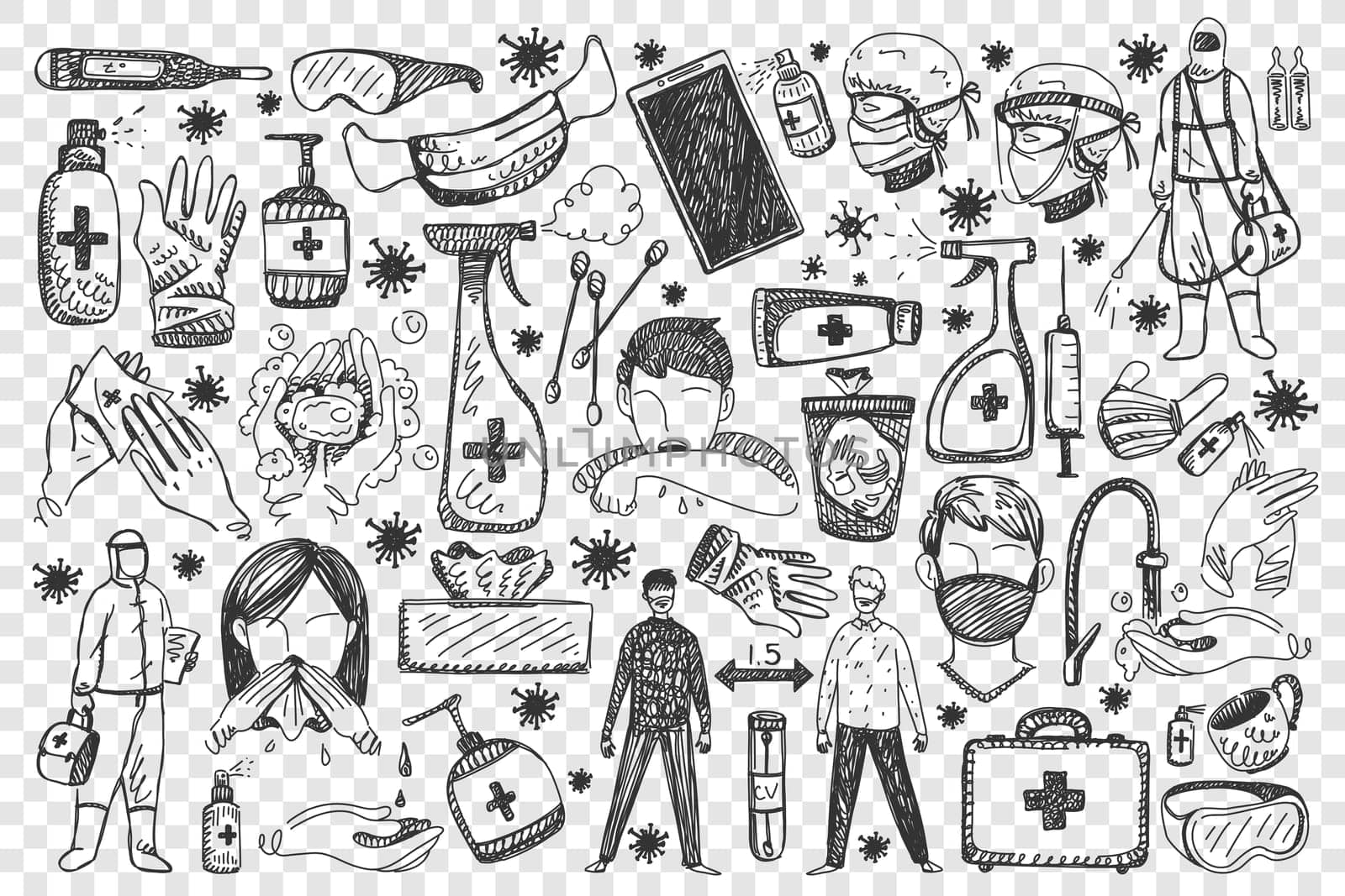 Coronavirus doodle set. Collection of hand drawn people with medical face masks using antibacterial spray and protective gloves on transparent background. Personal protection equipment and healthcare.