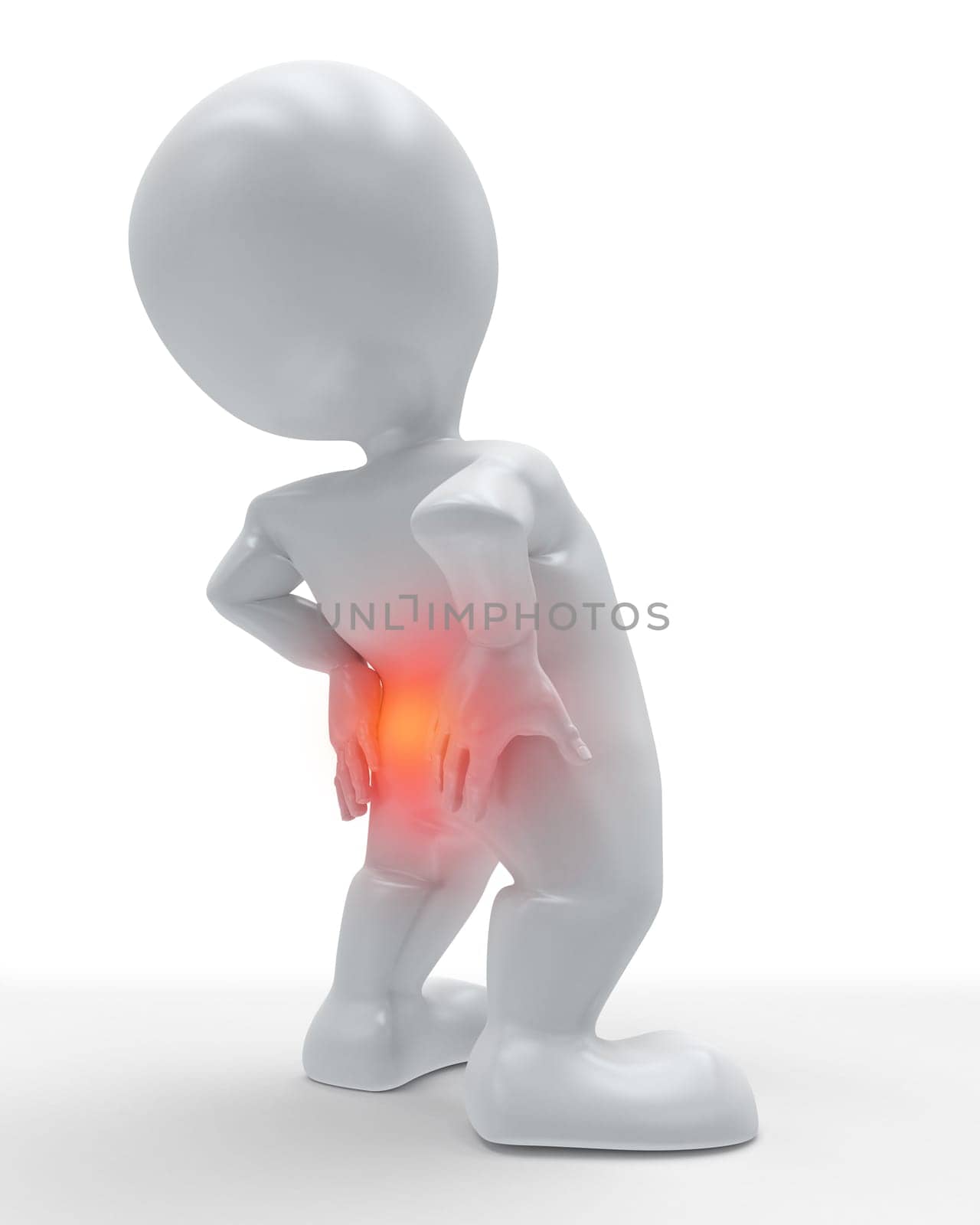 3D render of a figure holding his back in pain