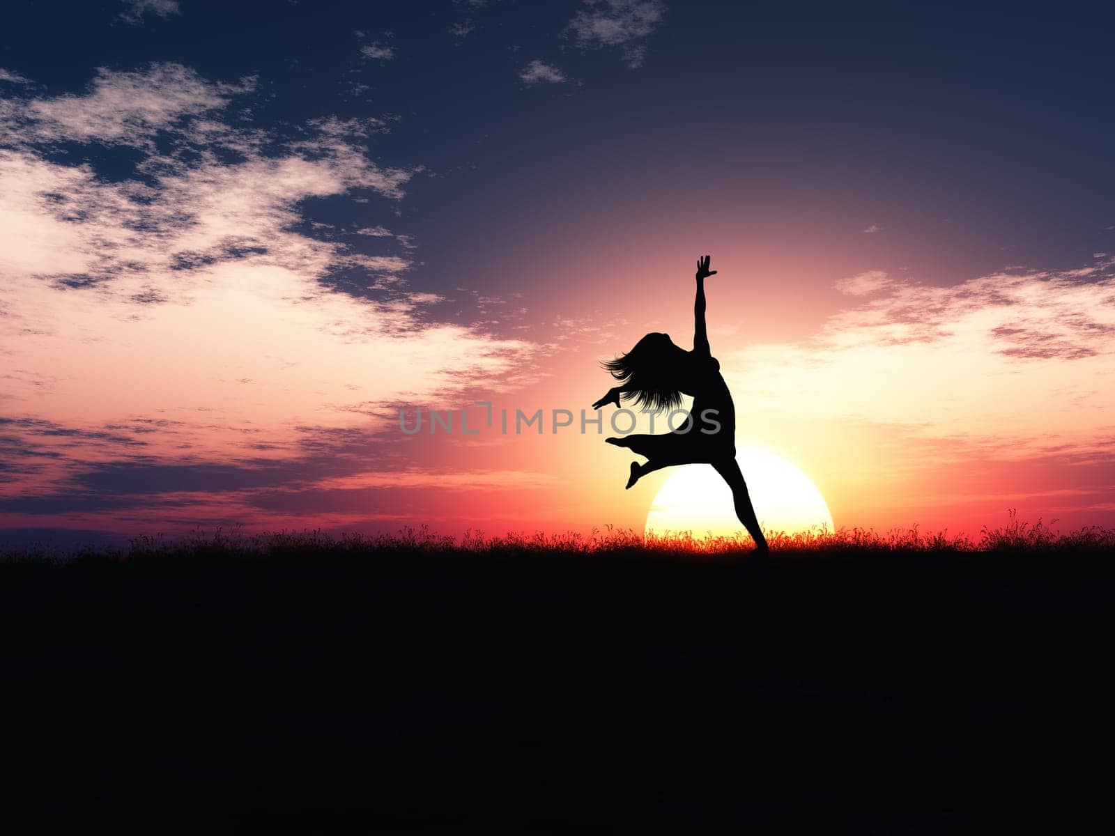 3D render of a female jumping in joy against a sunset landscape