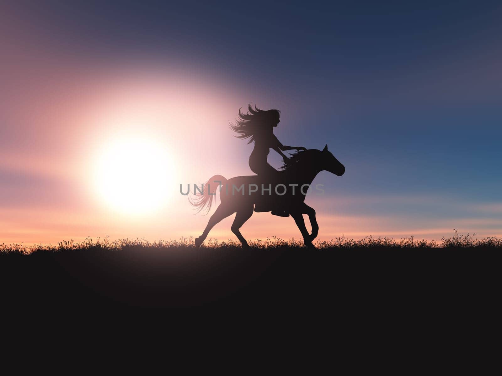 3D render of a female riding her horse in a sunset landscape