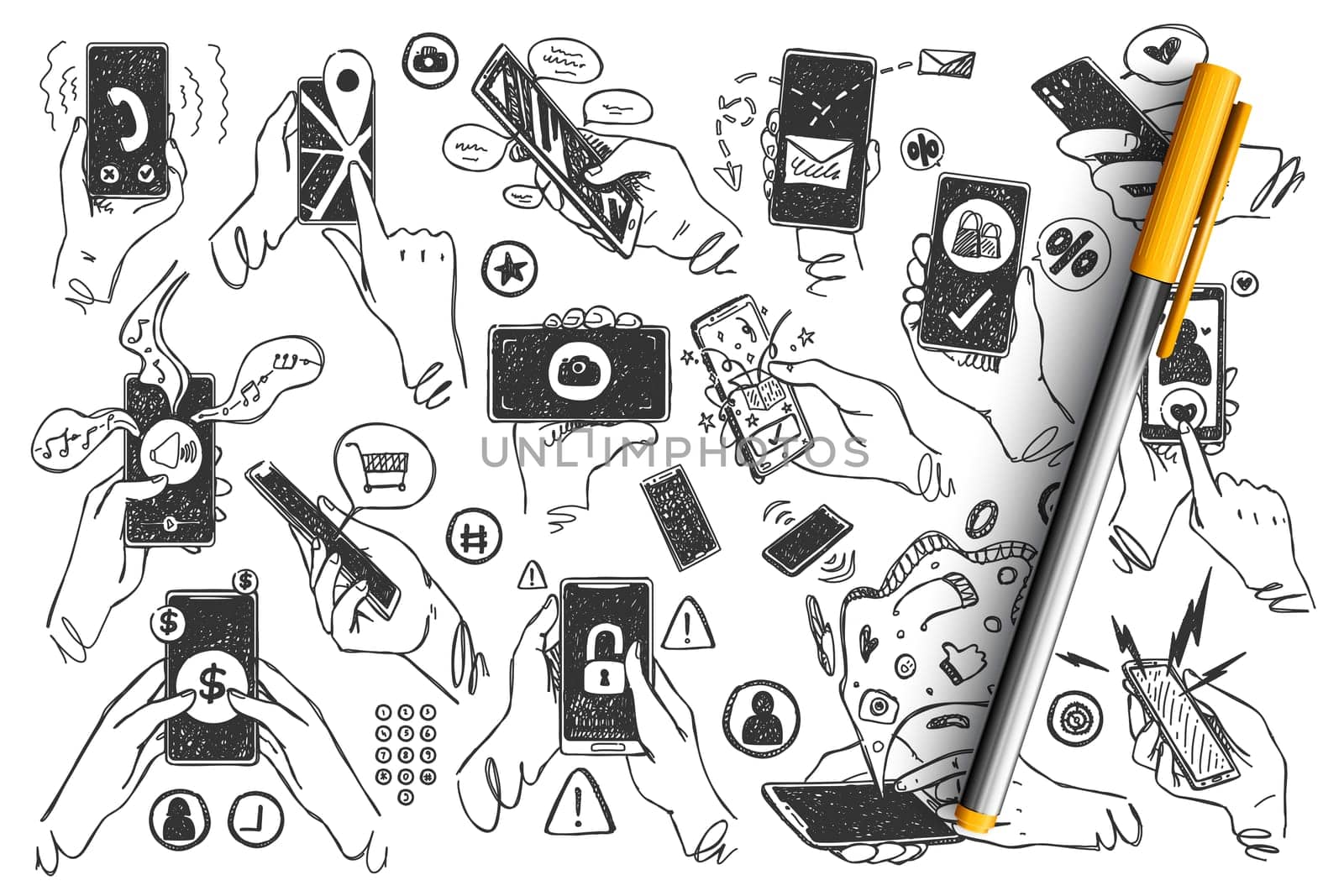 Hands with smartphones doodle set. Hand drawn human palms hold mobile phones touchscreen images application on white background. Communication social media networking illustration for web sites design