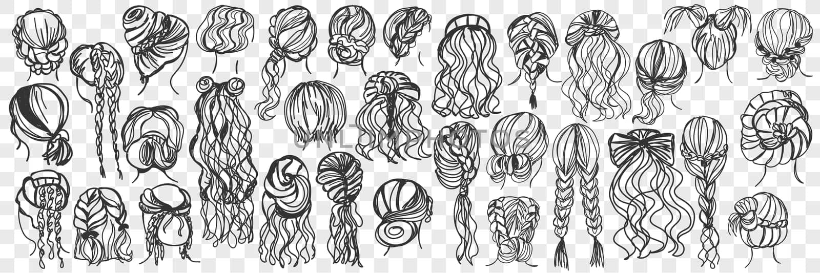 Female hairstyle doodle set. Collection of hand drawn various styles of woman hair with curly strands or straight styling isolated on transparent background. Illustration of modern hairdresser work