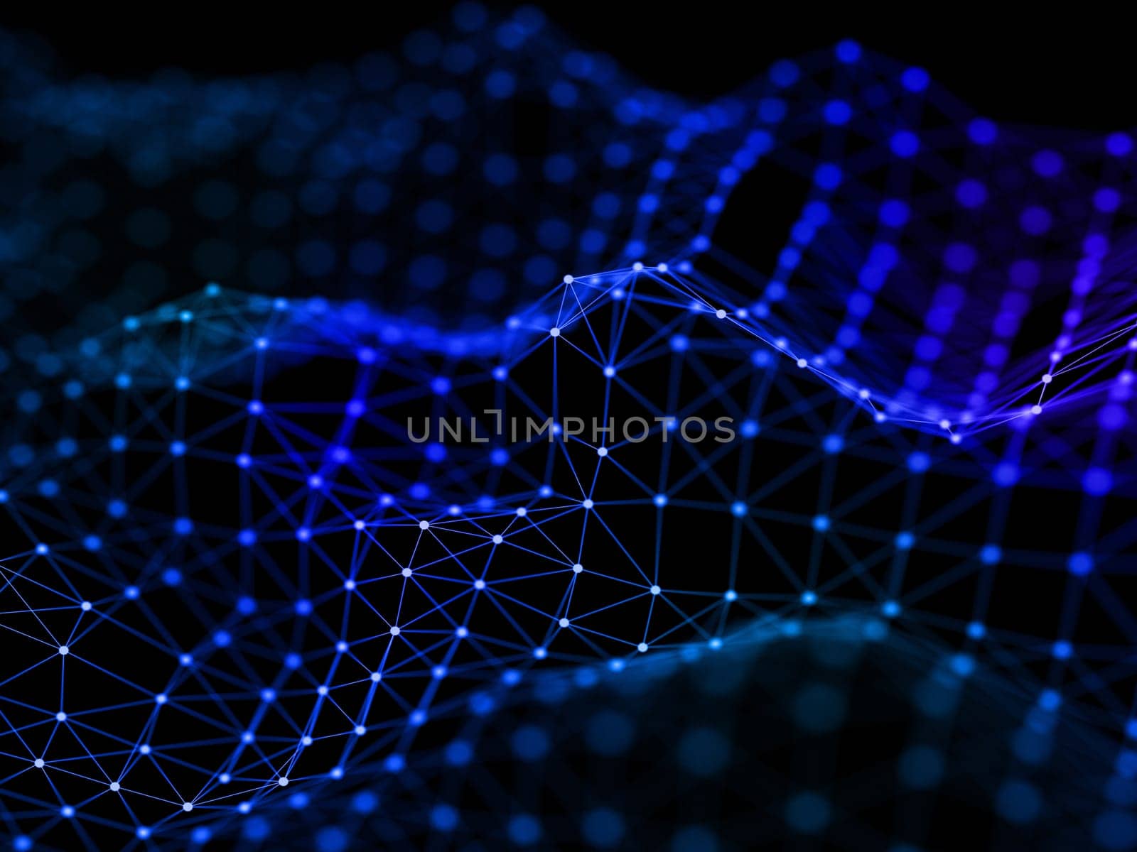 3D render of a flowing network connections design with connecting lines and dots