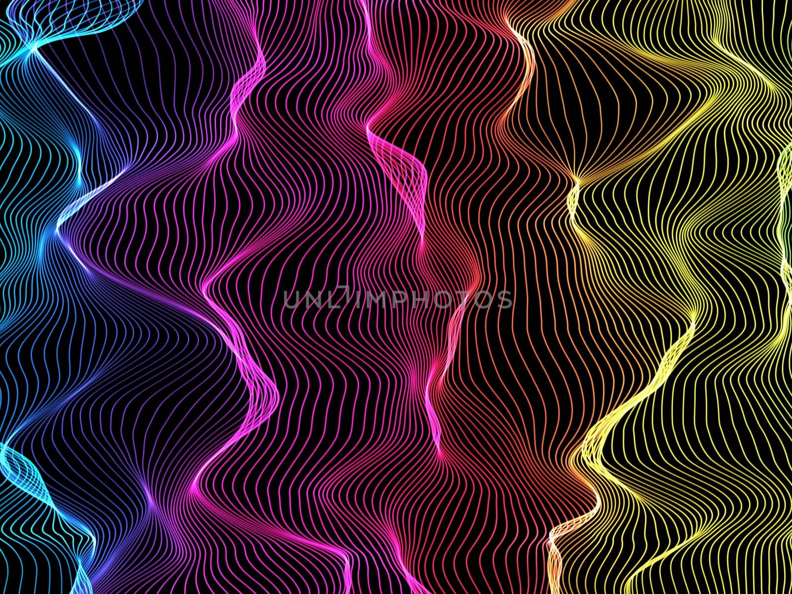 3D render of a flowing rainbow coloured lines background