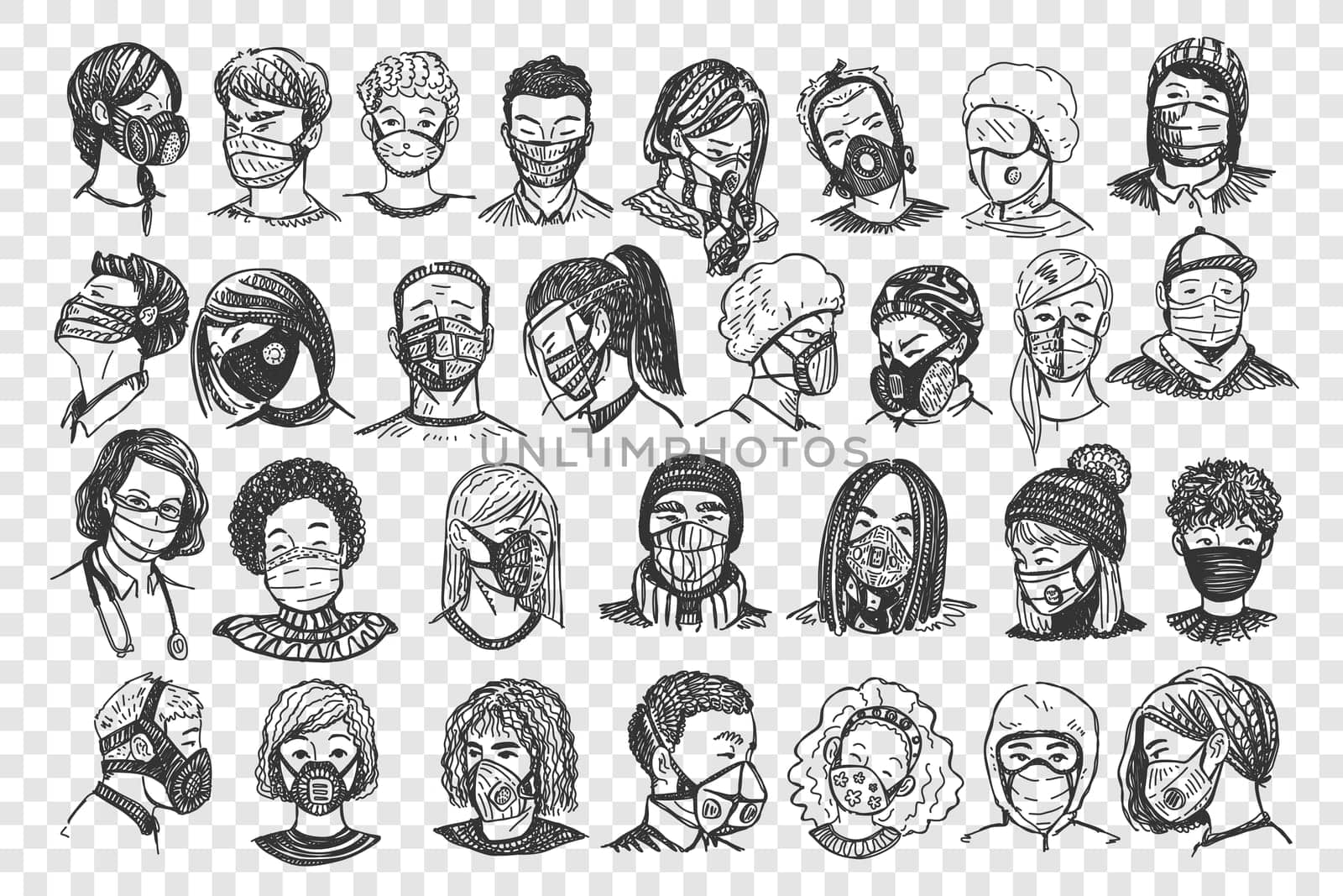 People with masks doodle set. Collection of hand drawn men women portraits with medical face respirators on transparent background. Protection from covid19 and healthcare illustration.