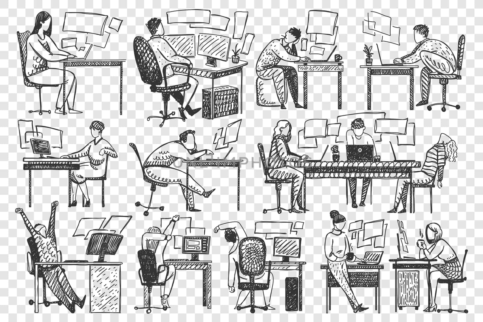 People in office doodle set. Collection of hand drawn businessmen women clerks managers sitting working at workplace desk together isolated on transparent background. Business occupation illustration.