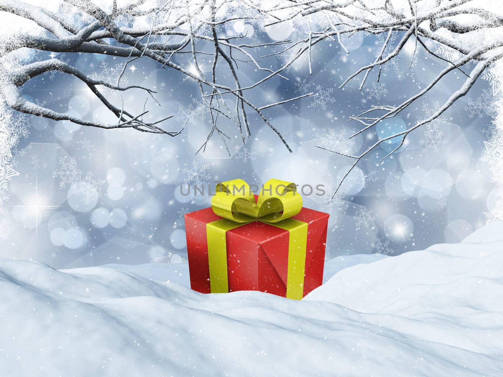 3D render of a gift in snowy landscape