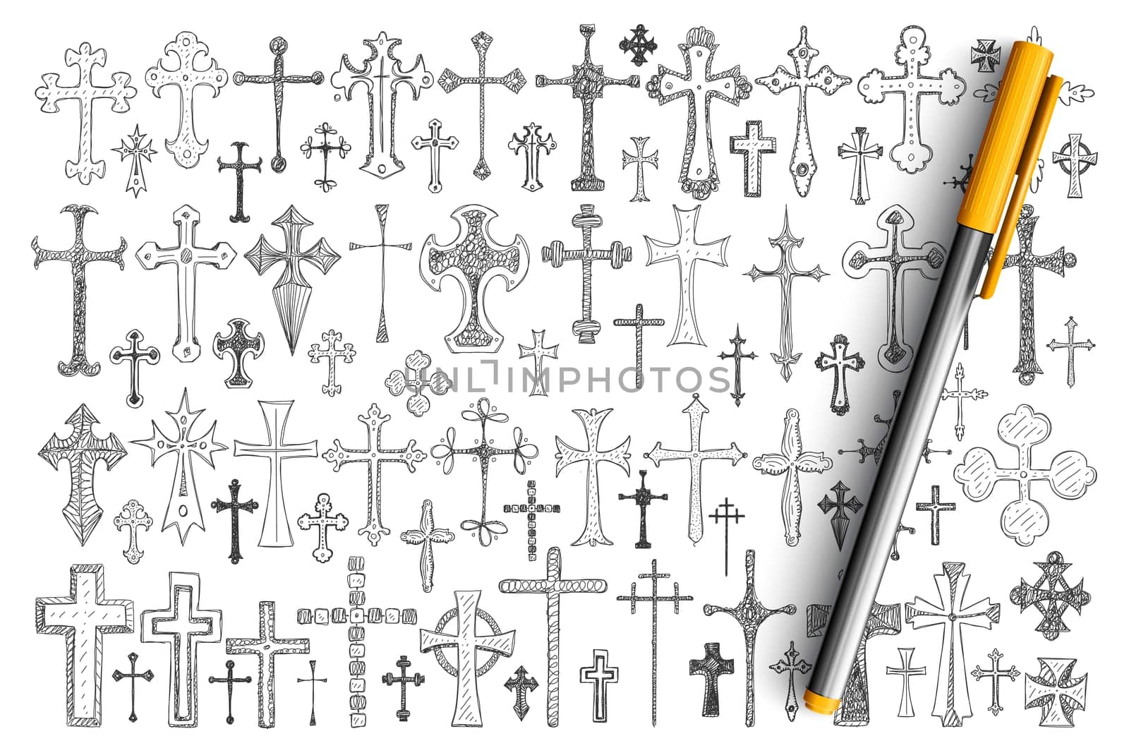 Various religious crosses doodle set. Collection of hand drawn crosses of different sizes and styles as symbol of religious faith, Christianity isolated on transparent background