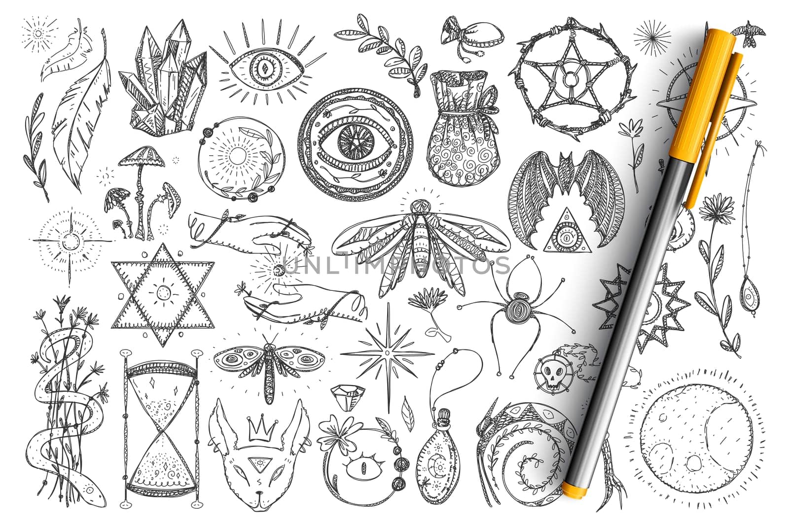Magic and occult symbols doodle set. Collection of hand drawn spiritual eyes, snakes, crystals, insects and magical symbols for occultism isolated on transparent background