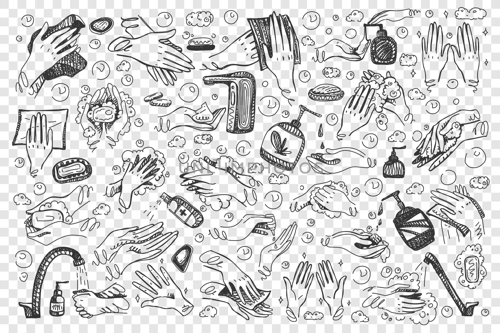 Hygiene doodle set. Hand drawn hands using disinfectant coronavirus antiseptic gel spray antibacterial soap on transparent background. Personal protection equipment medical insurance and healthcare.