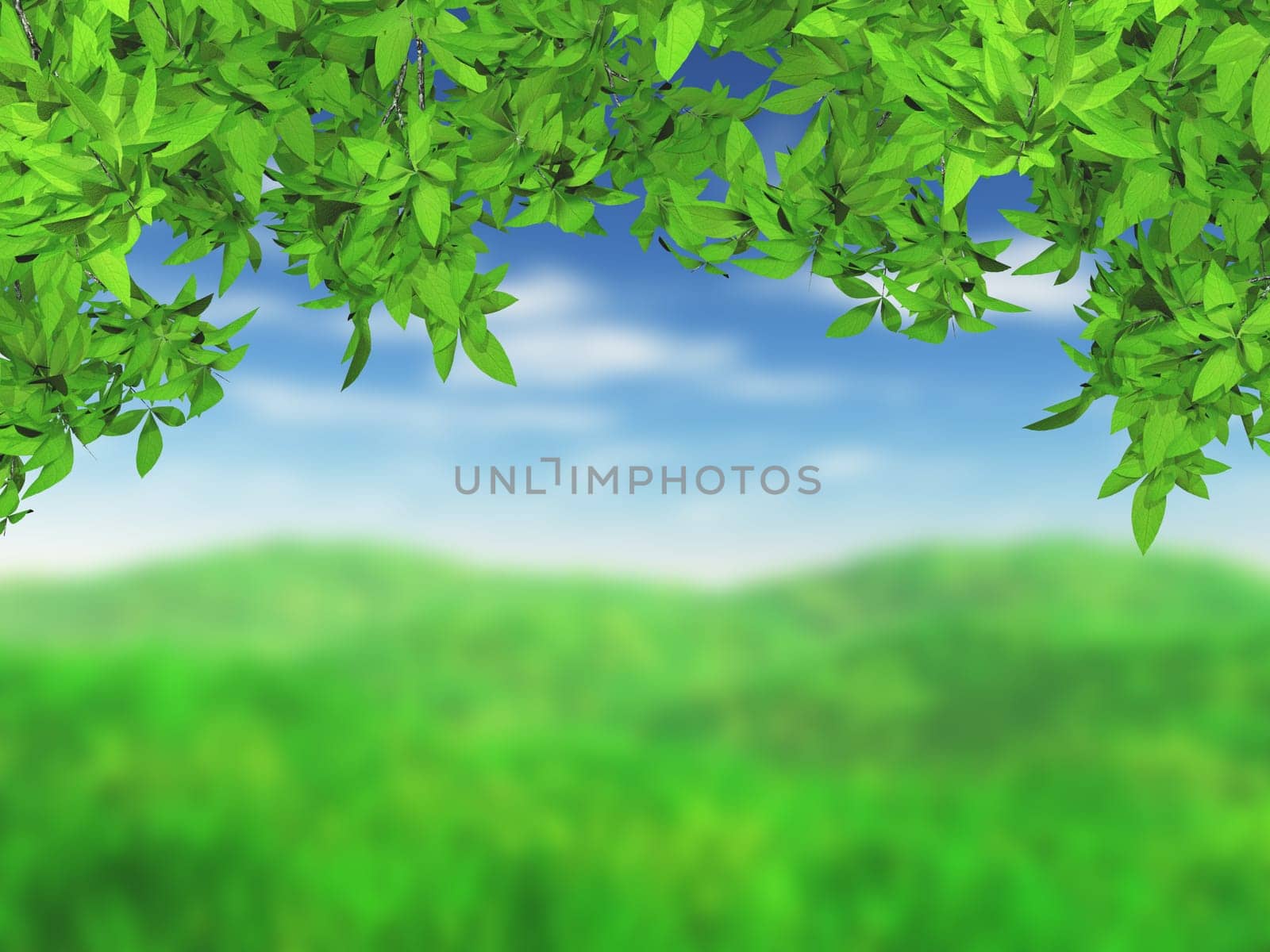3D render of a grassy landscape with green leaves