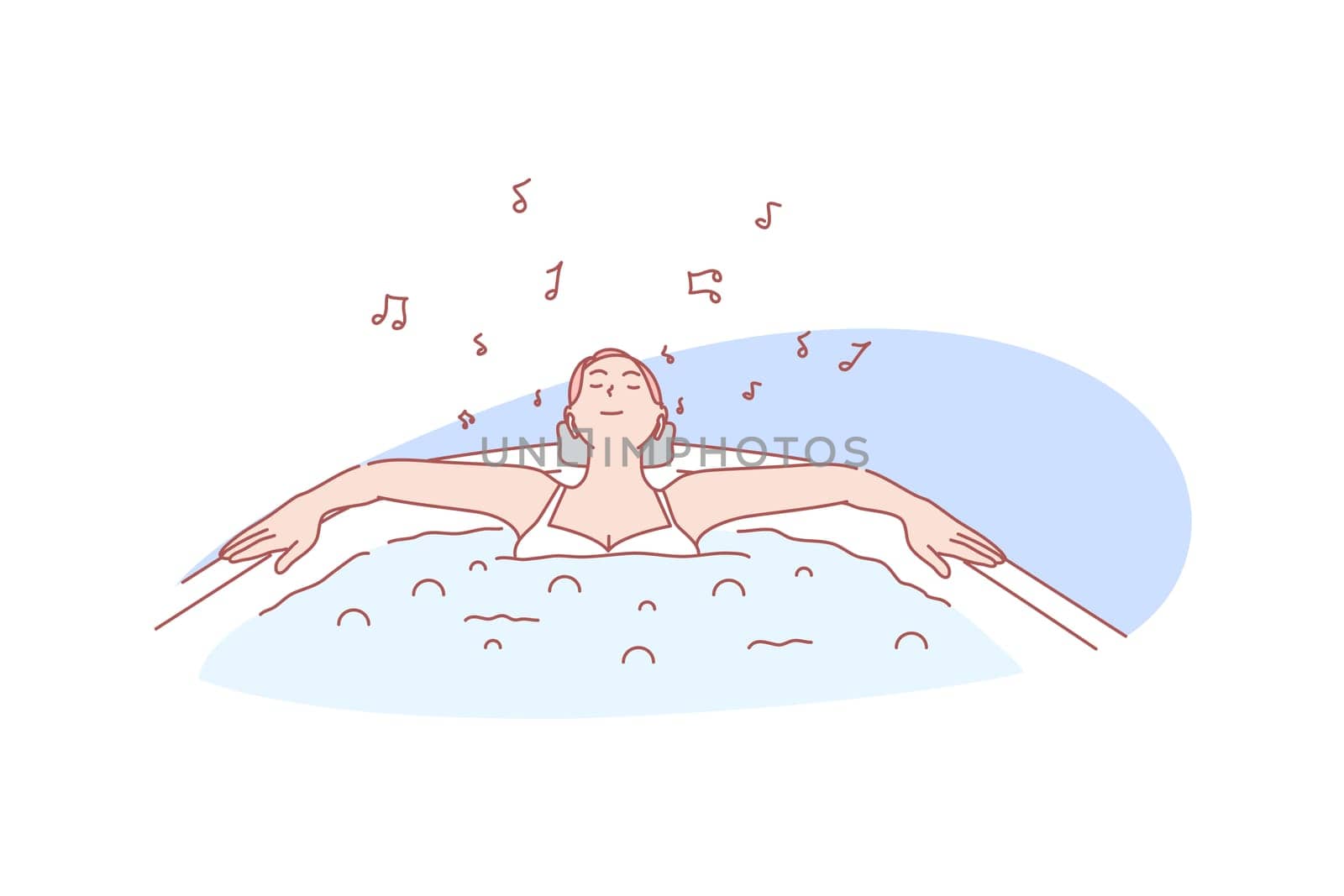 Relax, pleasure, bathing, spa, concept. Happy relaxing woman taking bath with pleasure listening music. Resting lady in beauty bodycare procedure. Spa health care wellbeing simple flat vector.