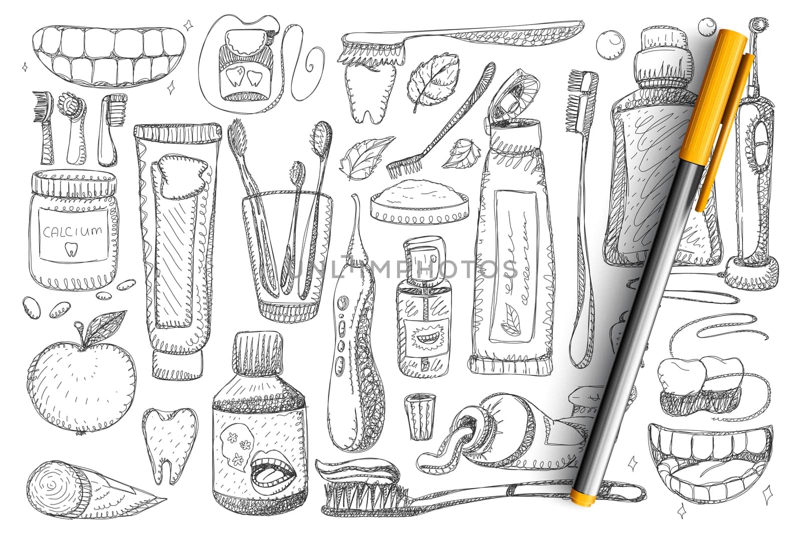 Tooth hygiene and health doodle set. Collection of hand drawn toothbrush, toothpaste, dental floss, teeth and white smile isolated on transparent background. Illustration of dental care