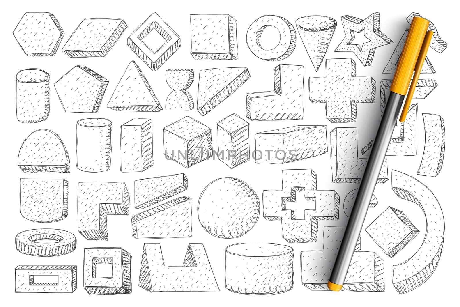 Geometrical forms and shapes doodle set. Collection of hand drawn cubes, circles, arc, triangle, cross and other forms of geometry isolated on transparent background