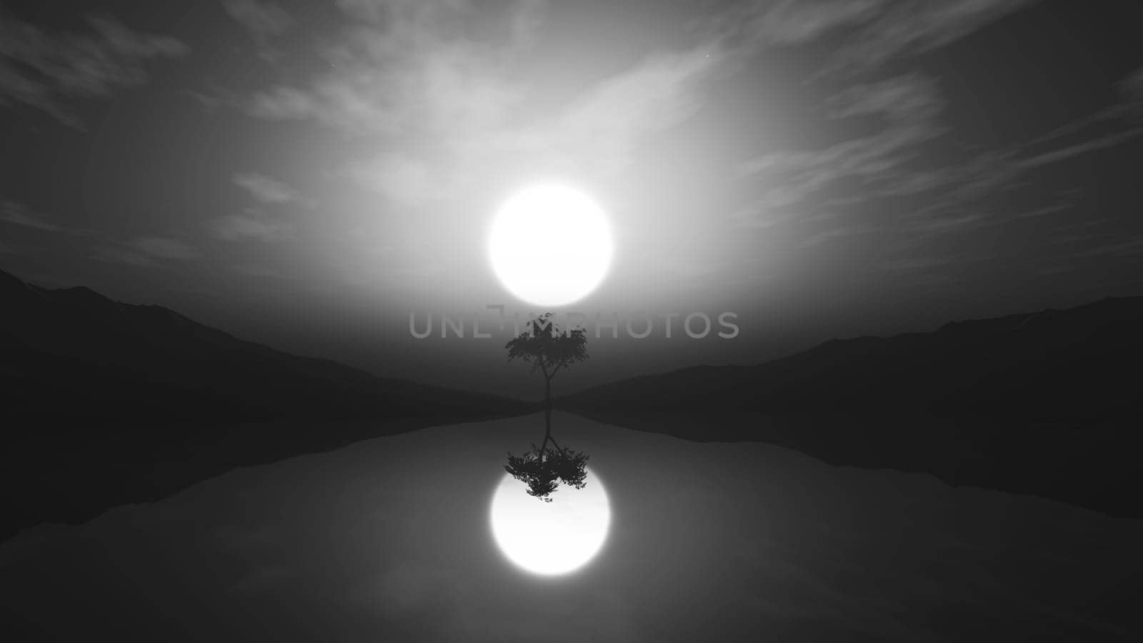 3D render of a greyscale tree in misty landscape with reflection in water