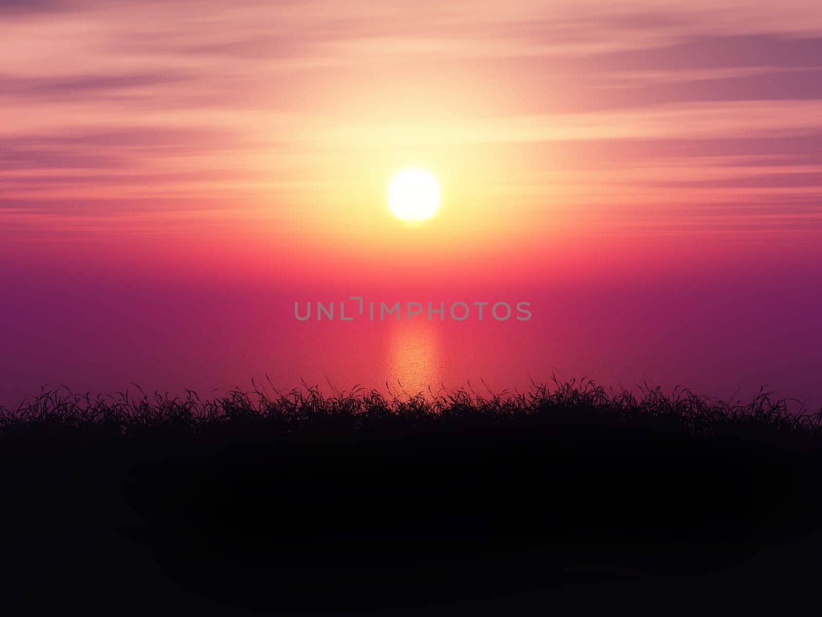 3D render of a grassy sunset landscape