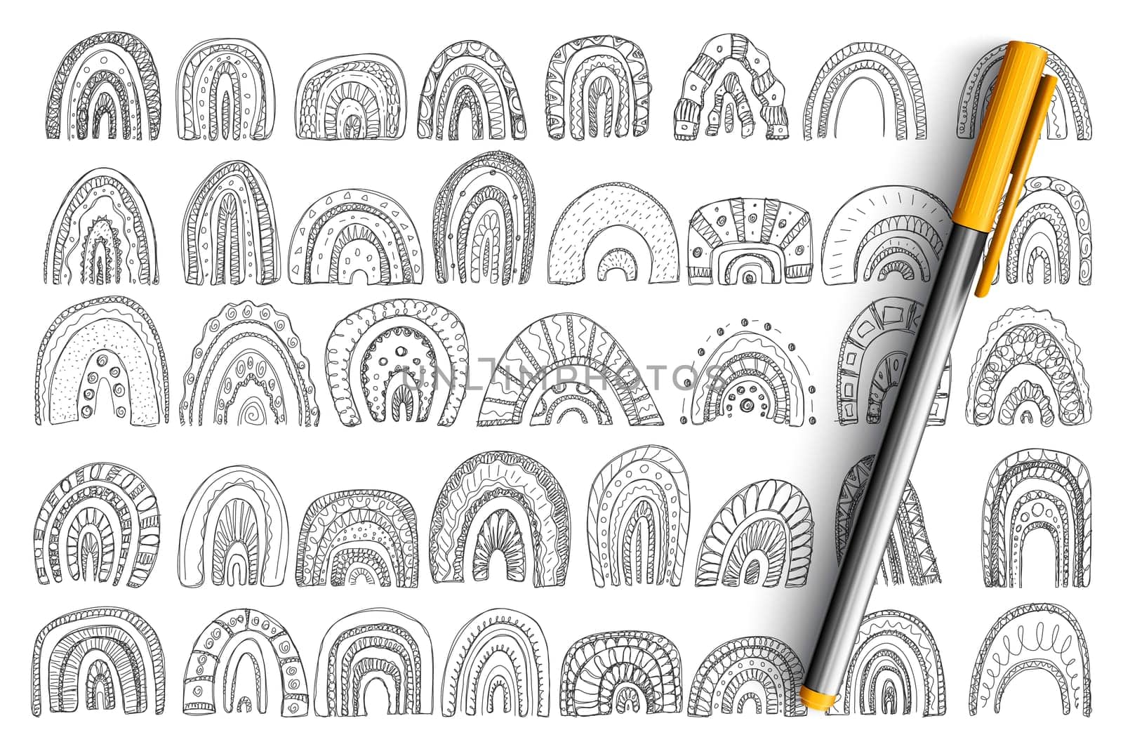 Arches and rainbows shapes doodle set. Collection of hand drawn arches shapes of different layers sizes and patterns in rows isolated on transparent background. Illustration of geometrical arcs