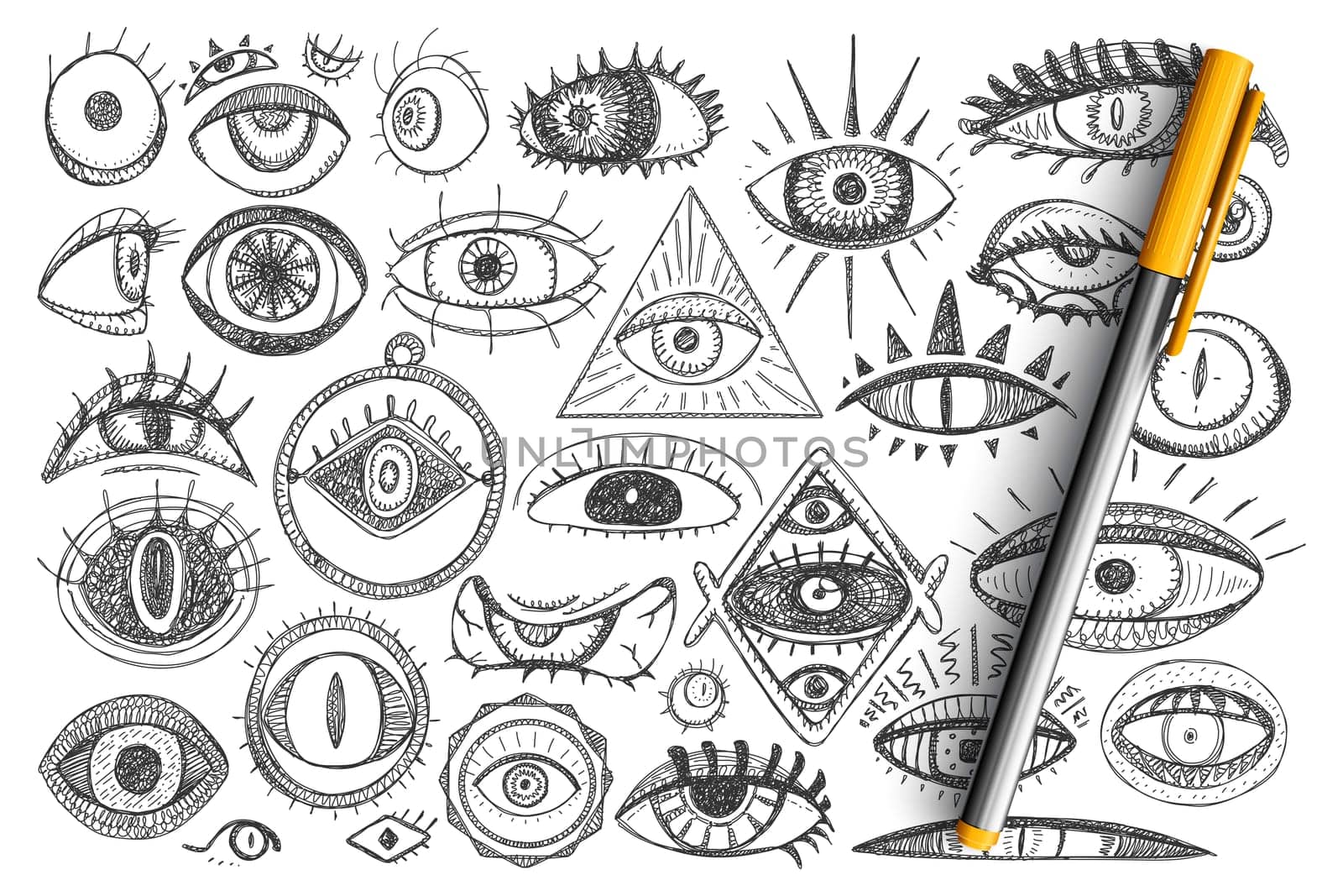 Magic and freemasonry doodle set. Collection of hand drawn spiritual eyes and magical symbols for occultism isolated on transparent background