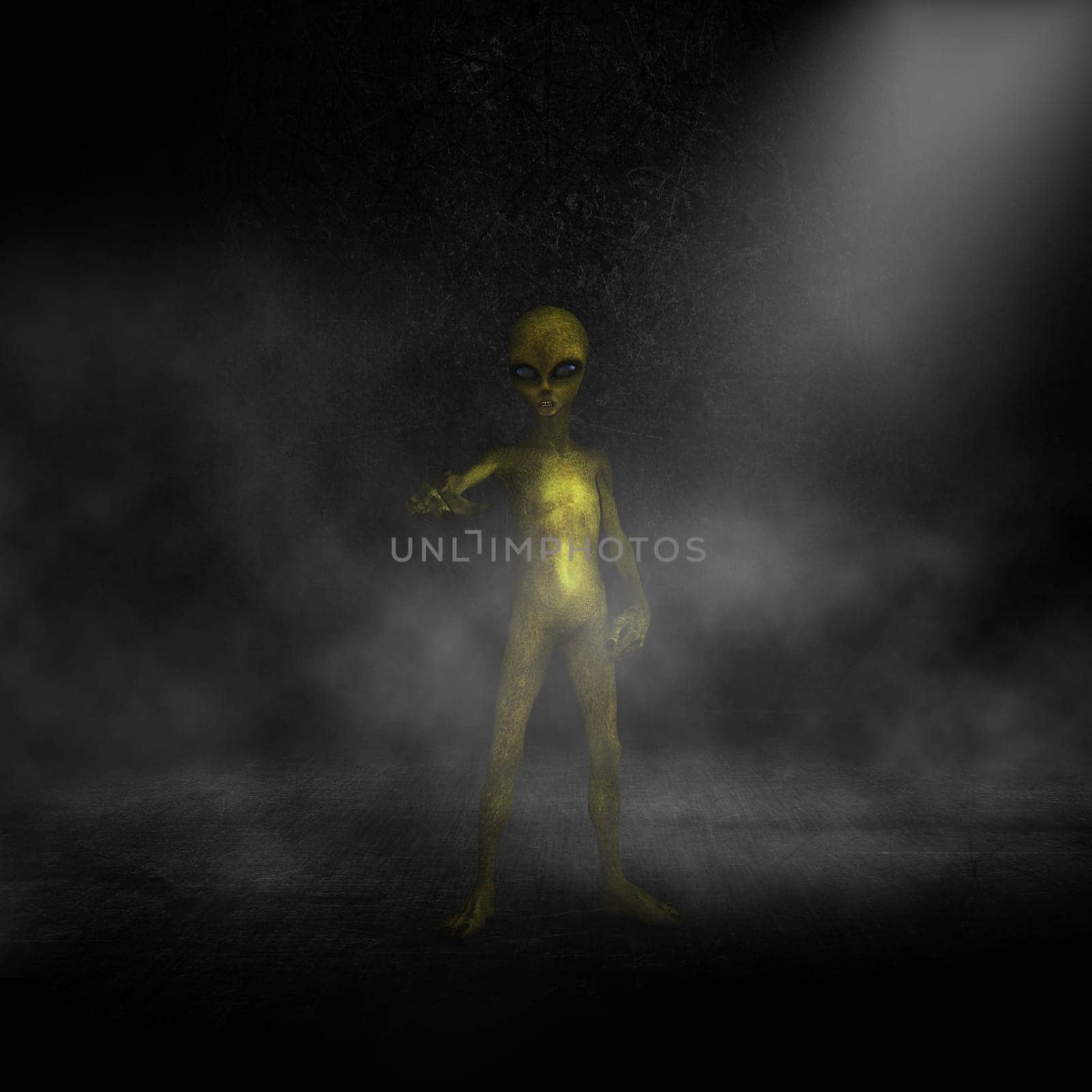 3D render of a green alien in a grunge dark interior with smoky atmosphere