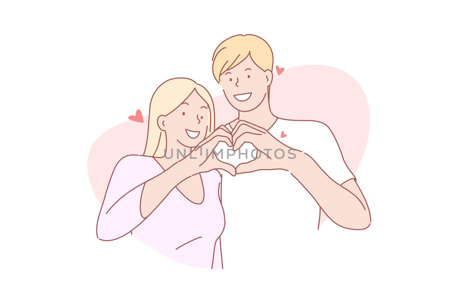 In love, romantic, feeling, hart, concept. Happy lovers making hart shape with hands together. Young happy couple symbolic proof of love. Romantic, creative declaration of feeling simple flat vector.