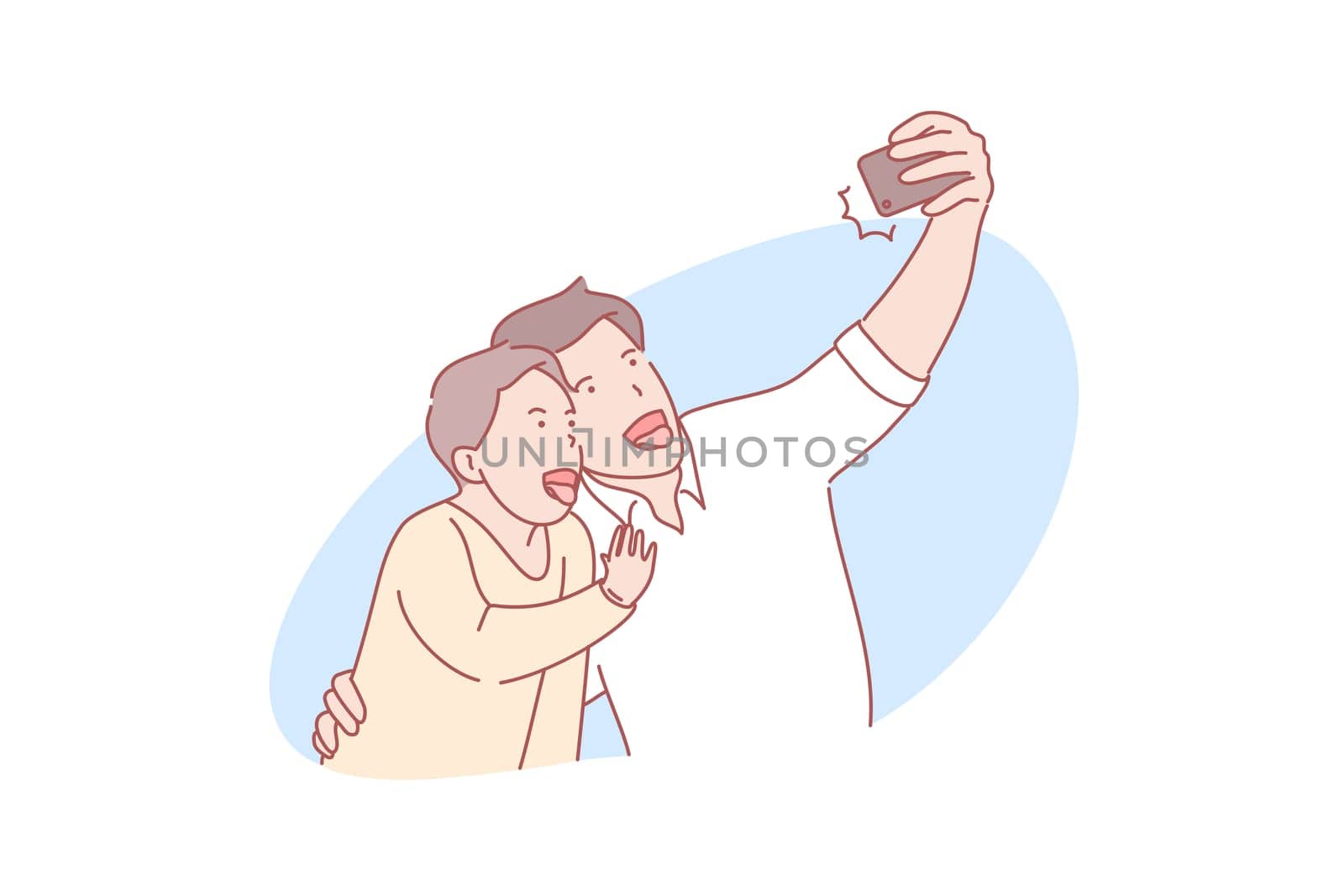 Selfie, fatherhood concept. Father and son are taking selfie with smile. Man and boy are hugging or embracing each other using mobile phone. Fathersday day in family. Simple flat vector