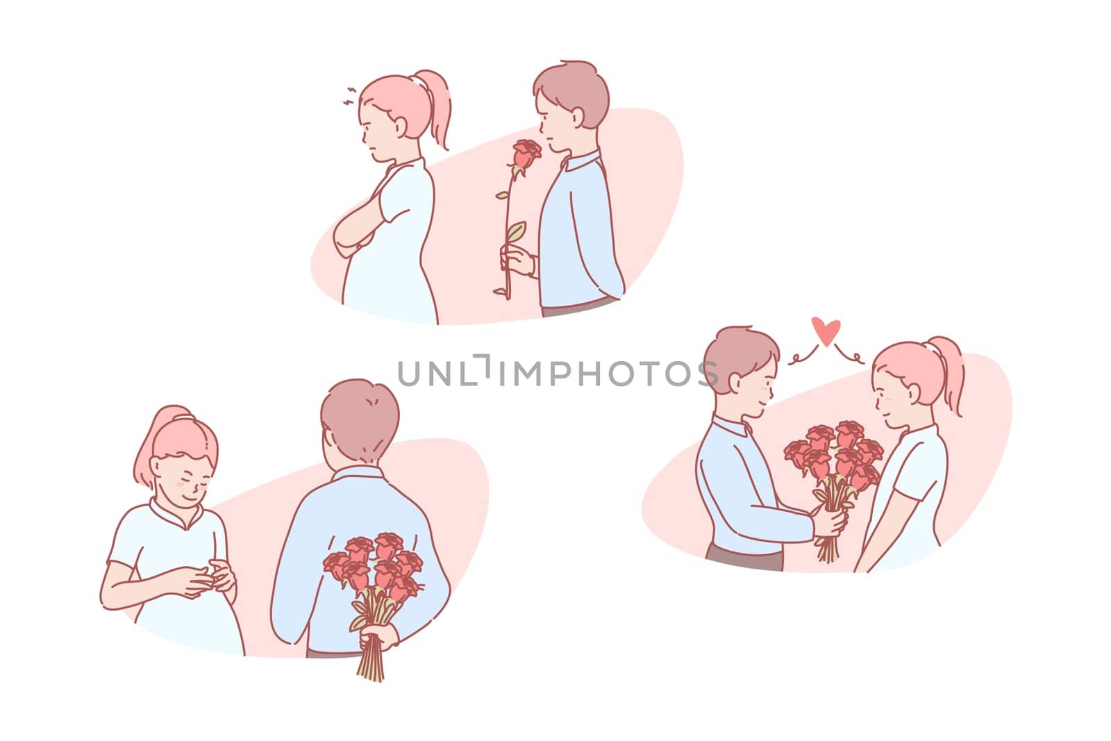Love, romantic, relation, invitation, set. Infatuated young boy presenting bouquet to girl. Romantic child relationship in love. Date invitation. Sincere teen feeling of crush simple flat vector.