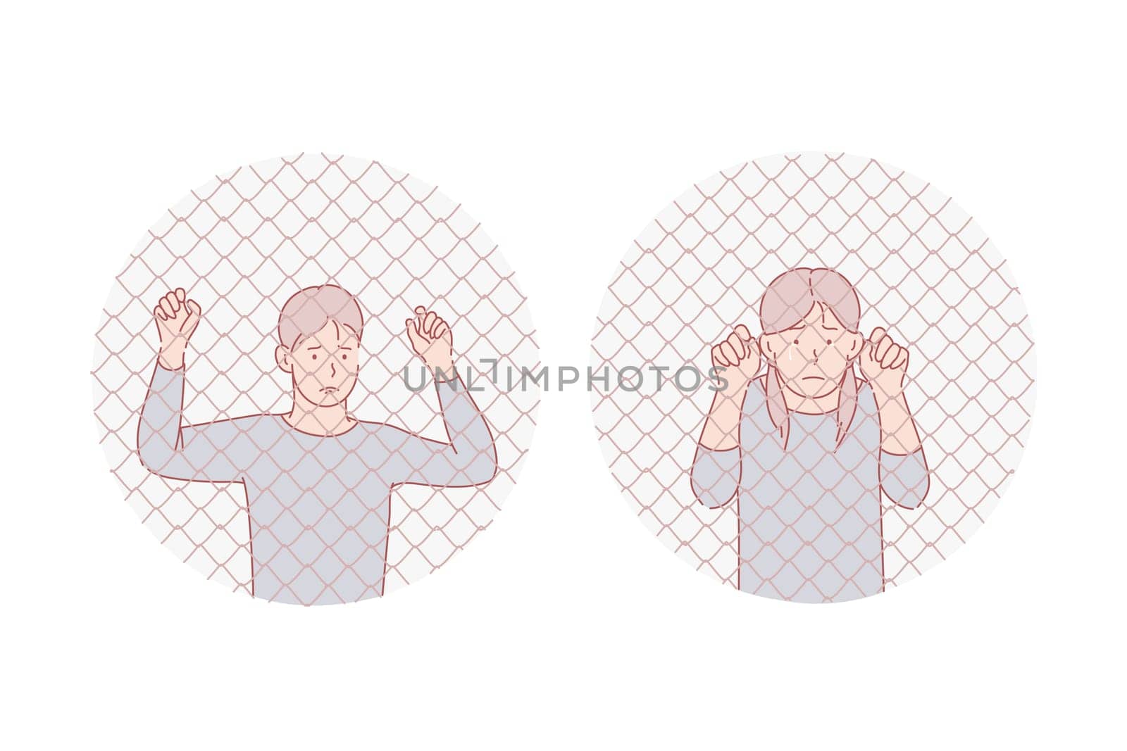 Juvenile delinquency, offender, prison, inmate, set. Scared teens detained in prison for violation. Legal, just crime litigation. Preventive measure for young inmate. Offending simple flat vector.